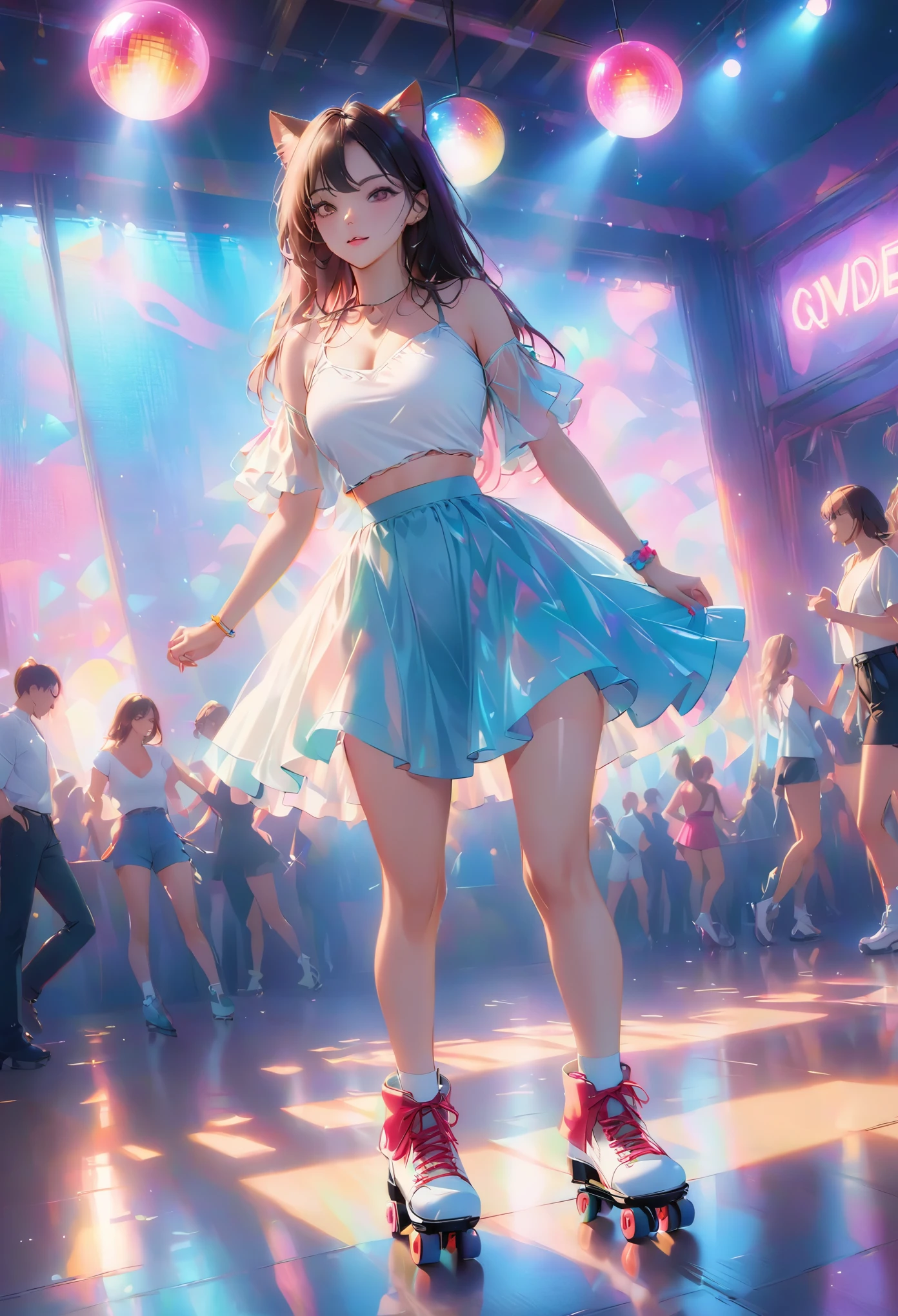 Girl on roller skates on the dance floor, 80' style, Disco ball above, groovy, Cool cat, Neon colors, Neon light, 8K, High quality, 80' style, synthetic wave