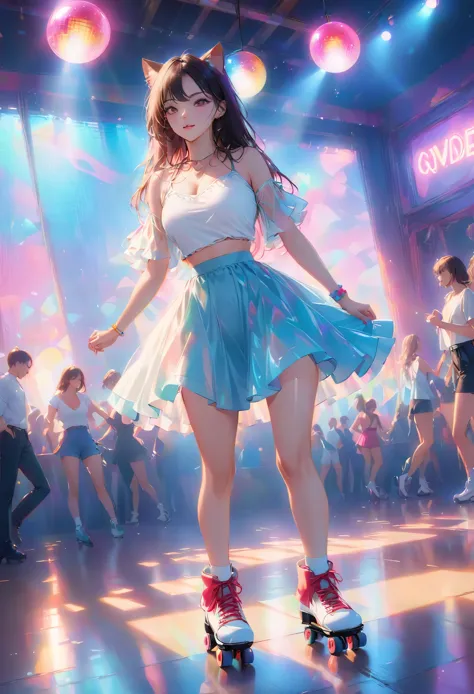 Girl on roller skates on the dance floor, 80' style, Disco ball above, groovy, Cool cat, Neon colors, Neon light, 8K, High quali...