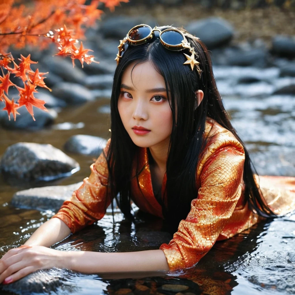 （（（Windproof goggles）））（windproof sunglasses）鹿角飞天九尾Light蓝天师炎发星，Black moonlit night, Gold and orange snake-print silk trousers，Rouge Diamond Tulle Sheer Lizard Print，very happy，Authentic and delicate texture，Strong visual impact，super detailed，dream girl，delicate face型，beautiful eyes，Hair floating in the air， cherry style，Zhou Xiaotong，crystal clear，Good sense of perspective，Light shadow effect，16KLight slip，surface reflected Light，flowing black hair，Water Goddess 32K，complicated，grace，Very detailed，Gorgeous，digital photography，Autumn Cowboy Shooting，Surrealism，broken ruby，defeat magic，Water magic entanglement，（masterpiece，Light，beautiful eyes：1.2），high dynamic range，void 5 energy storm，(china 1 girl，black eyes:1.5），rouge skin，Light skin，(sit on stone：1.5），delicate face，black hair，Put on Gorgeous golden armor，starry sky background，beautiful golden armor，it&#39;it&#39;it&#39;It&#39;s raining，beautiful，University Teachers&#39;Don&#39;t look at the audience，focus shift，masterpiece