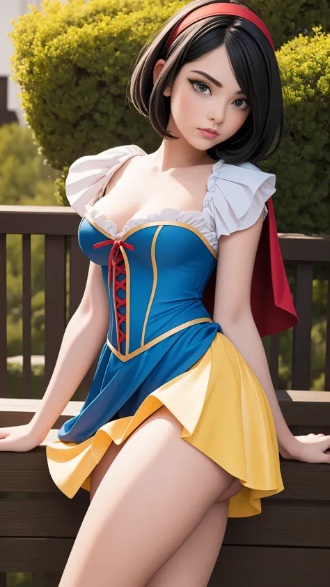 Beautiful 16 year old woman, wearing snow white cosplay, blue silk corset, red silk cape, yellow silk pleated skater skirt, , sh...