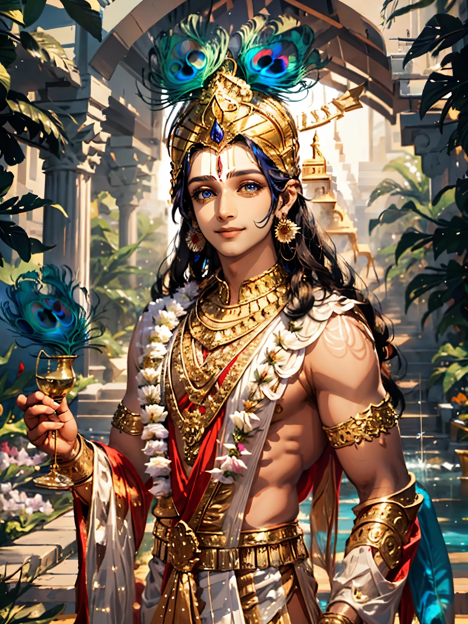 Krishna , loving man , beautiful glitter eyes , blue skin tone , smiling , divine nature, holding flutes in his hands, peacock feather on head.