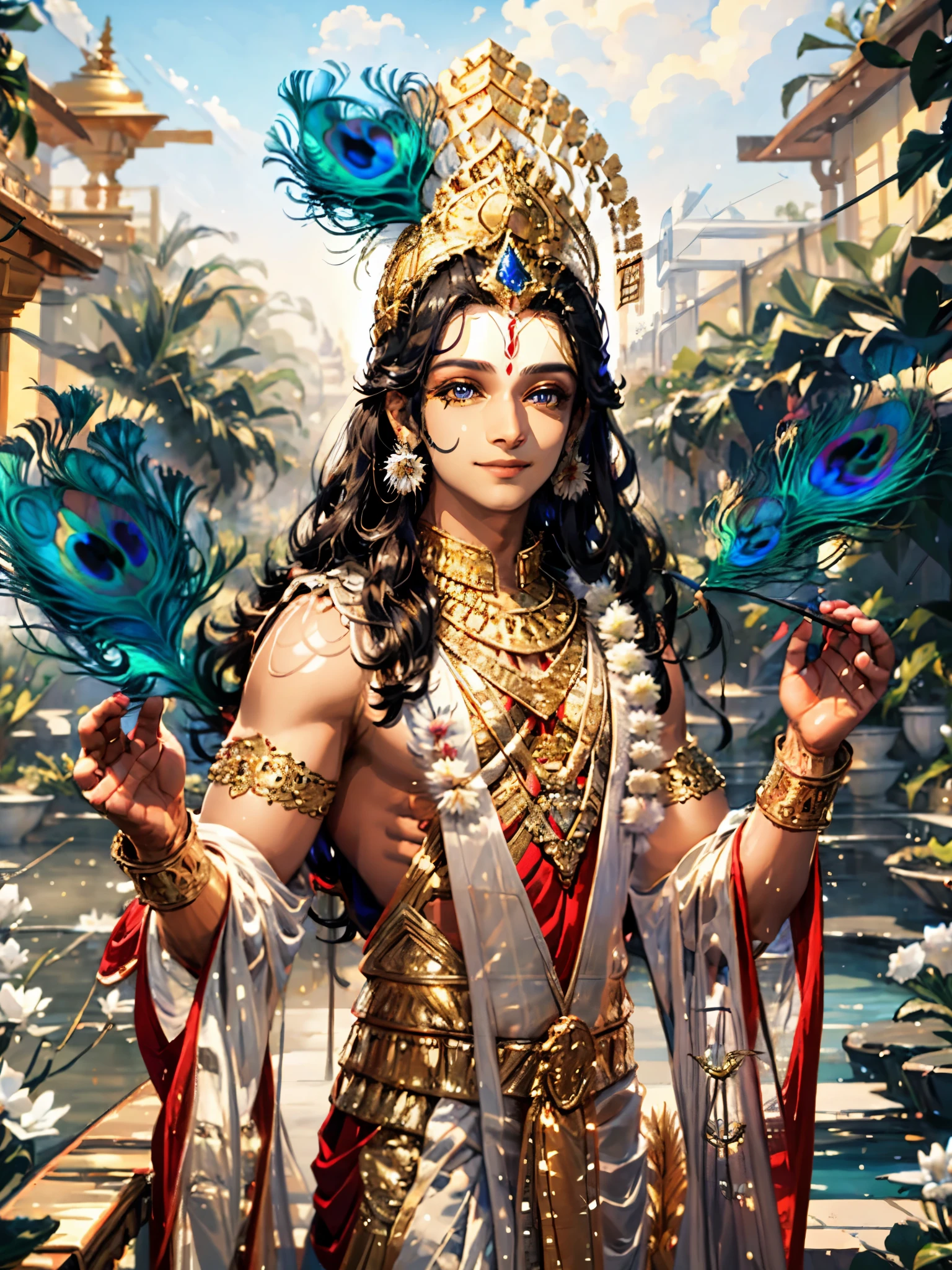 Krishna , loving man , beautiful glitter eyes , blue skin tone , smiling , divine nature, holding flutes in his hands, peacock feather on head.