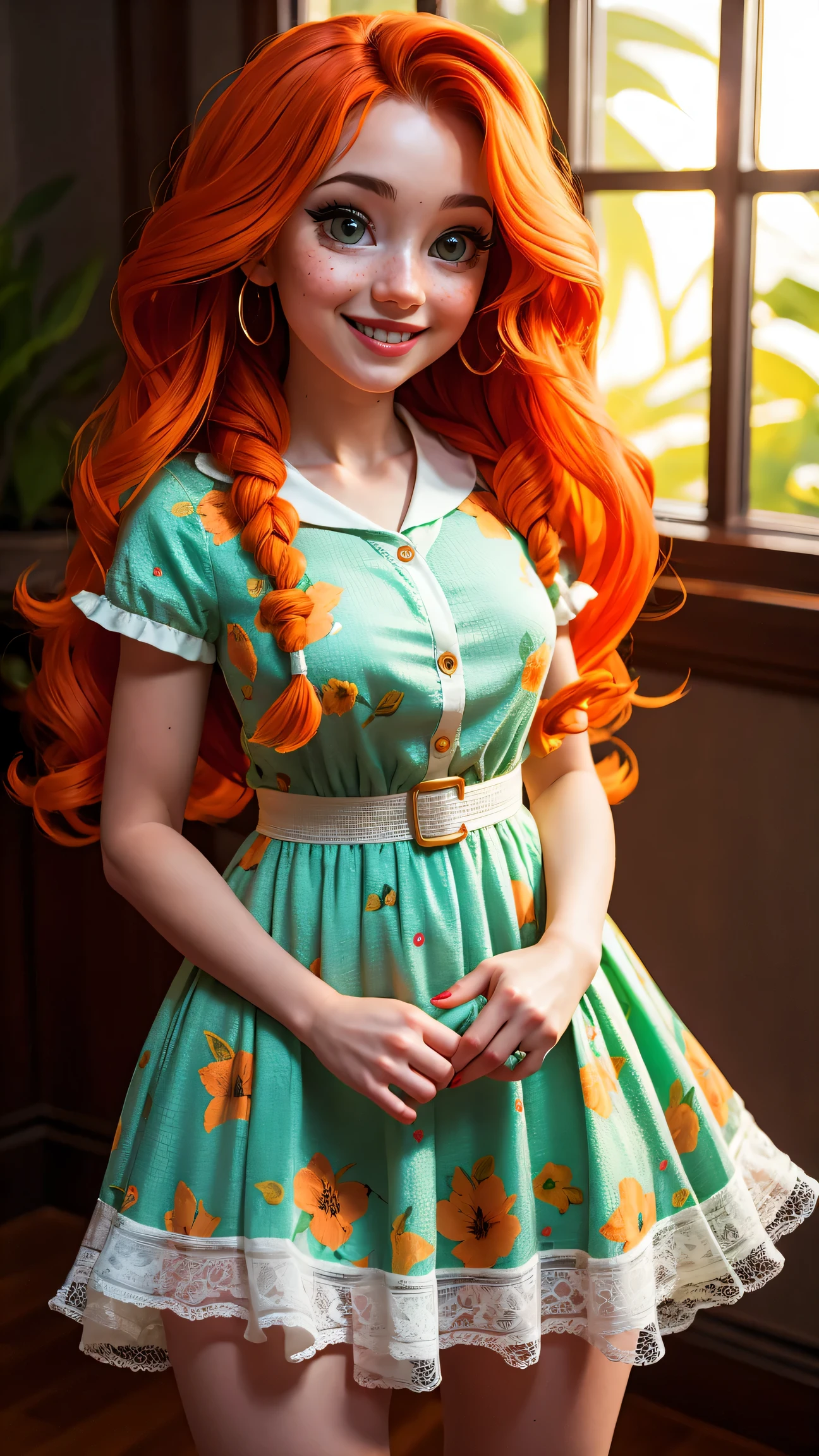 masterpiece of a woman in Montreal at dawn, long hair, cute orange curly hair, smile, green eyes, freckles, floral print, dress, dawn, neon, rays of light, caustic, lens reflection, ((solo)), ishmael_limbus, full body view, baby-doll like dress