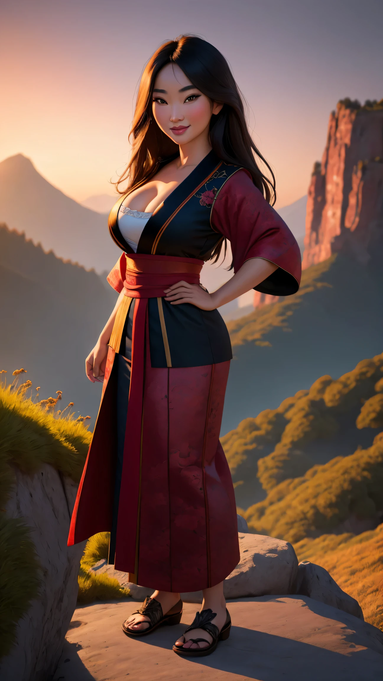 (masterpiece:1.2), (best quality), (ultra detailed), (8k, 4k, intricate),(full-body-shot:1), (highly detailed:1.2),(detailed face:1.2), (detailed background),detailed landscape,  (dynamic pose:1.2),mulan, 1girl, solo, long hair, looking at viewer, smile, brown hair,  japanese clothes, kimono, black eyes, sash, obi, full body view, big breasts, long legs, tall, 