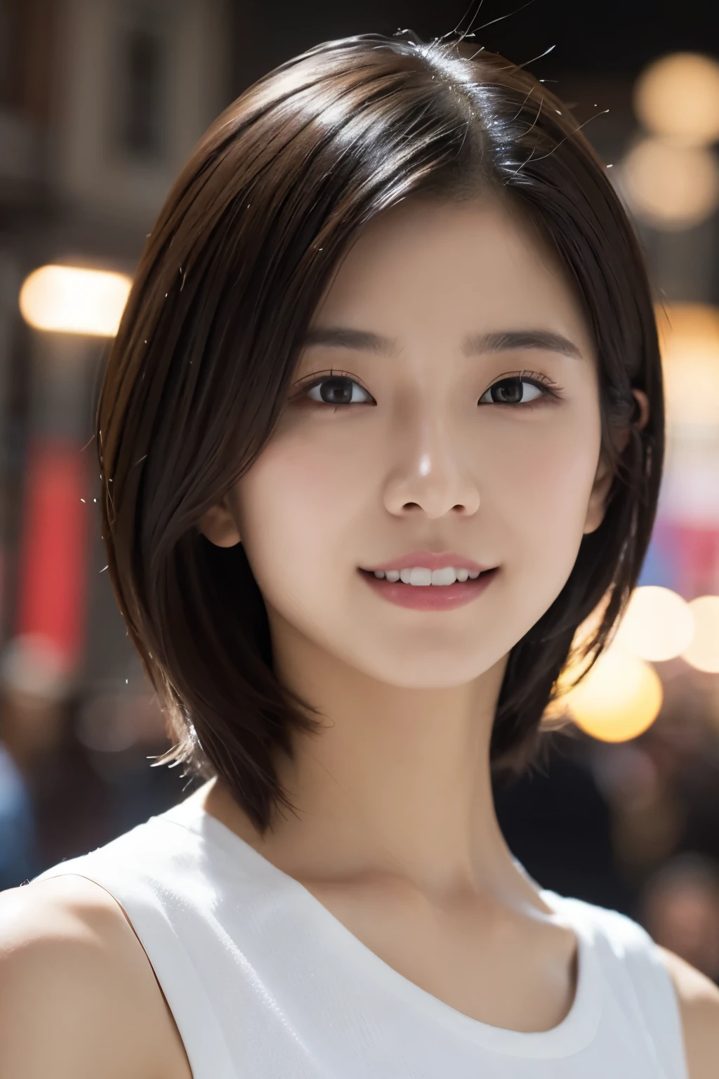 close-up photo of face、1 girl, (white classy tank top:1.2), (RAW photo, highest quality), (realistic, Photoreal:1.4), table top, very delicate and beautiful, very detailed, 2k wallpaper, wonderful, finely, Very detailed CG Unity 8k 壁紙, super detailed, High resolution, soft light, beautiful detailed girl, very detailed目と顔, beautifully detailed nose, detailed and beautiful eyes, cinematic lighting, night city lights, perfect anatomy, slender body, smile