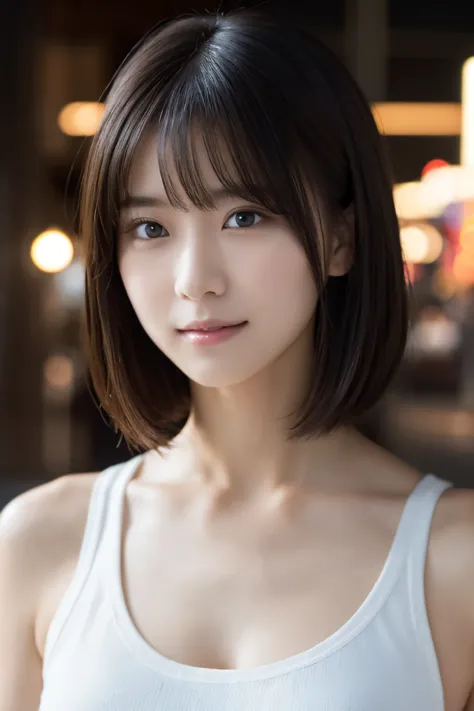close-up photo of face、1 girl, (white classy tank top:1.2), (RAW photo, highest quality), (realistic, Photoreal:1.4), table top,...