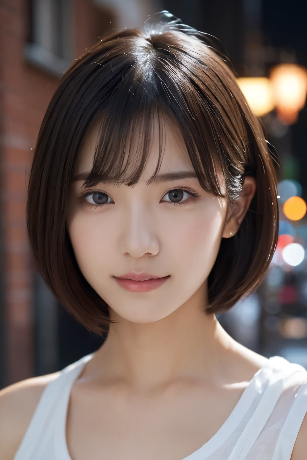 close-up photo of face、1 girl, (white classy tank top:1.2), (RAW photo, highest quality), (realistic, Photoreal:1.4), table top, very delicate and beautiful, very detailed, 2k wallpaper, wonderful, finely, Very detailed CG Unity 8k 壁紙, super detailed, High resolution, soft light, beautiful detailed girl, very detailed目と顔, beautifully detailed nose, detailed and beautiful eyes, cinematic lighting, night city lights, perfect anatomy, slender body, smile