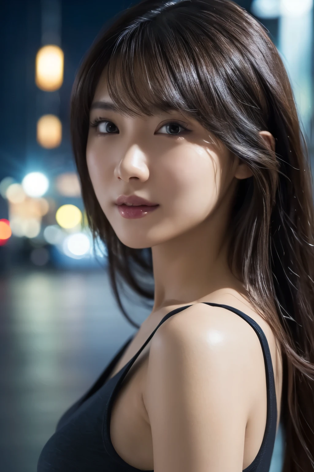 ((close-up photo of face:1.4))、1 girl, (wear platinum tank top:1.2), (RAW photo, highest quality), (realistic, Photoreal:1.4), table top, very delicate and beautiful, very detailed, 2k wallpaper, wonderful, finely, Very detailed CG Unity 8k 壁紙, super detailed, High resolution, soft light, beautiful detailed girl, very detailed目と顔, beautifully detailed nose, detailed and beautiful eyes, cinematic lighting, night city lights, perfect anatomy, slender body, taut, 
straight semi-long hair, bangs, looking at the viewer, slight smile