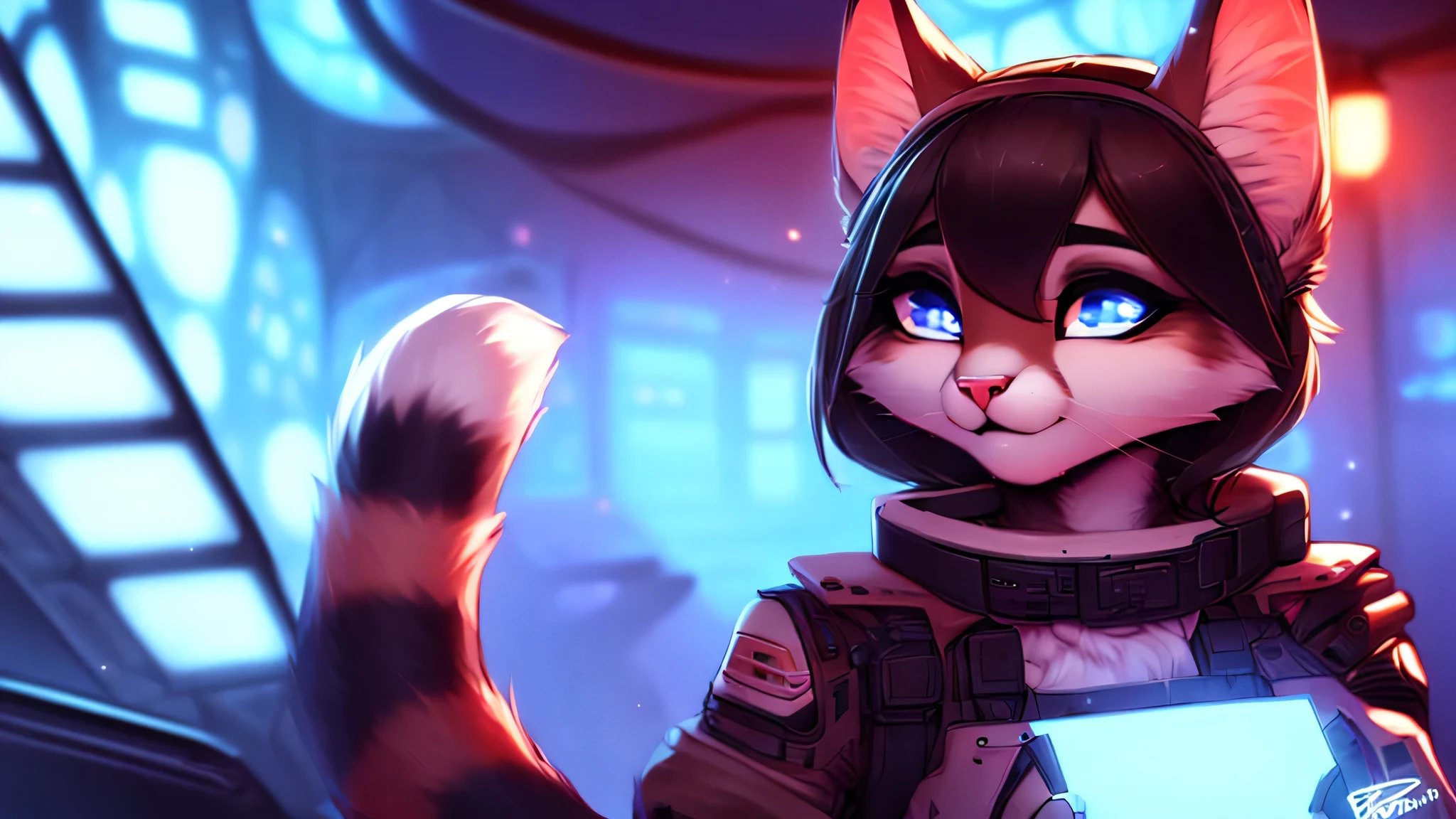 Cyberpunk cat casual outfit cute face, furry ears, medium bushy tail, Beautiful light and shadow bust, Highest quality fine lines and refined facial features, Good ambient light, superfine fur、Volumetric light is very detailed,Best quality furry art glow jacket
