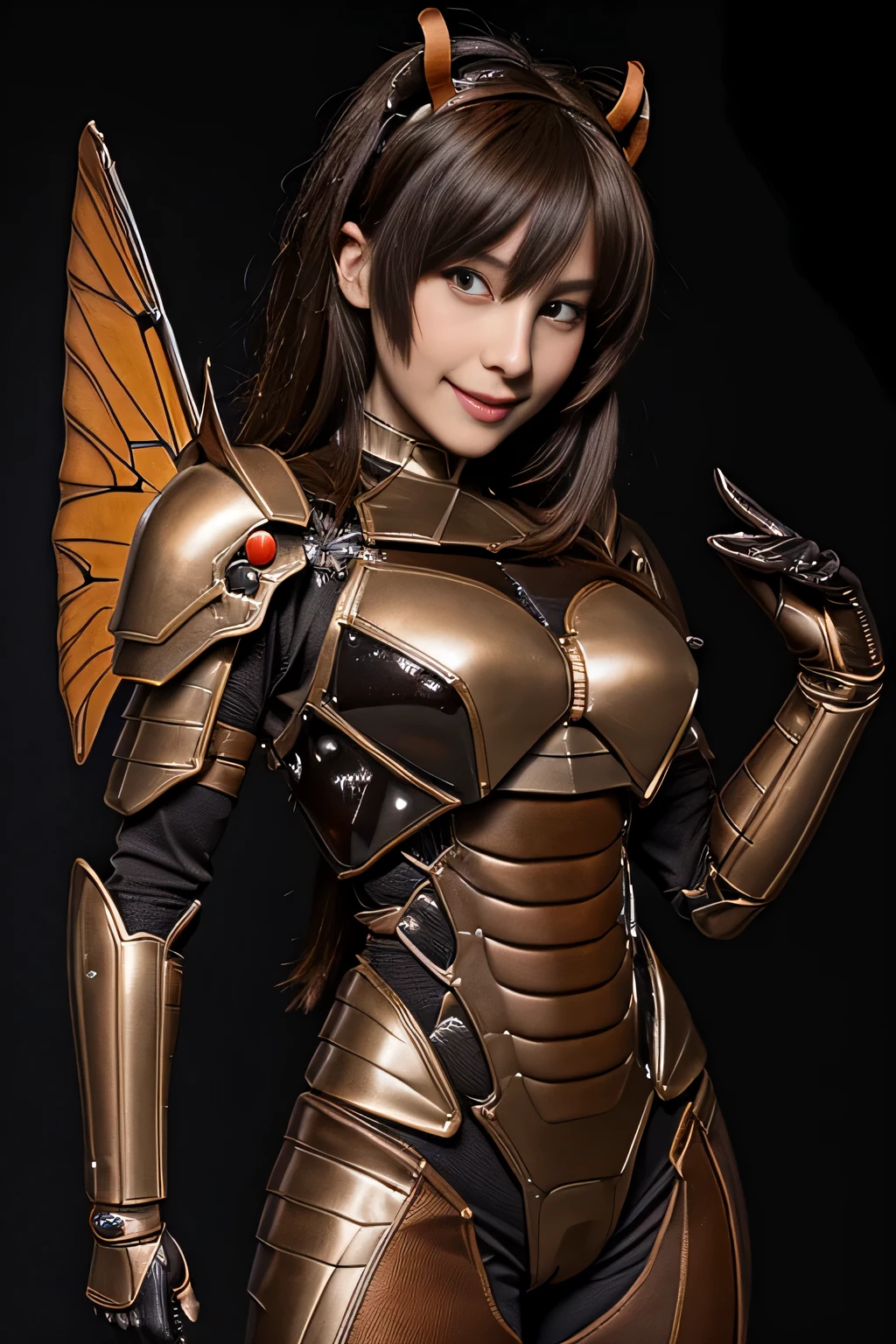 (High resolution,masterpiece,highest quality,Very detailed CG, anime, official art:1.4), realistic, photograph, amazing detail, everything is complicated, shiny and glossy,Amazing number of layers, 8K wallpaper, 3D, sketch, cute, figure,( alone:1.4), perfect female proportions,villain&#39;s daughter, (Fusion of dark brown cockroach and lady:1.4), (brown cockroach woman:1.2), (brown cockroach woman:1.2), (Fusion:1.2), (alone:1.4), (evil smile:1.2), muscular, abs, (Cockroach brown exoskeleton bio insect suit:1.4), (Cockroach brown exoskeleton bio insect armor:1.2), (brown transparent cockroach feathers:1.4), (Antennae of brown cockroaches:1.3),