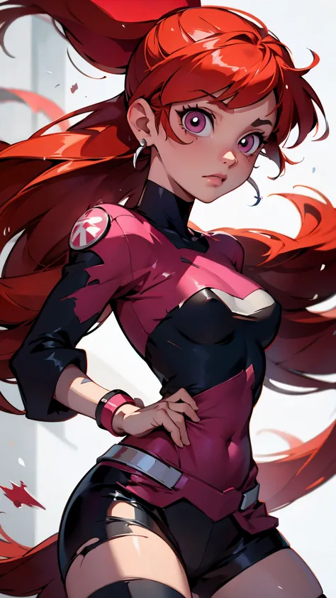 Blossom From Powerpuff Girls as a Violent Mature Themed Action Anime, Red Hair:1.2, Sexy Powerpuff Girls Anime, bloody battle damage and wear, ecchi Damaged and Ripped clothes, pink and black clothes, Standing over Brutally beaten Mojo Jojo:1.4