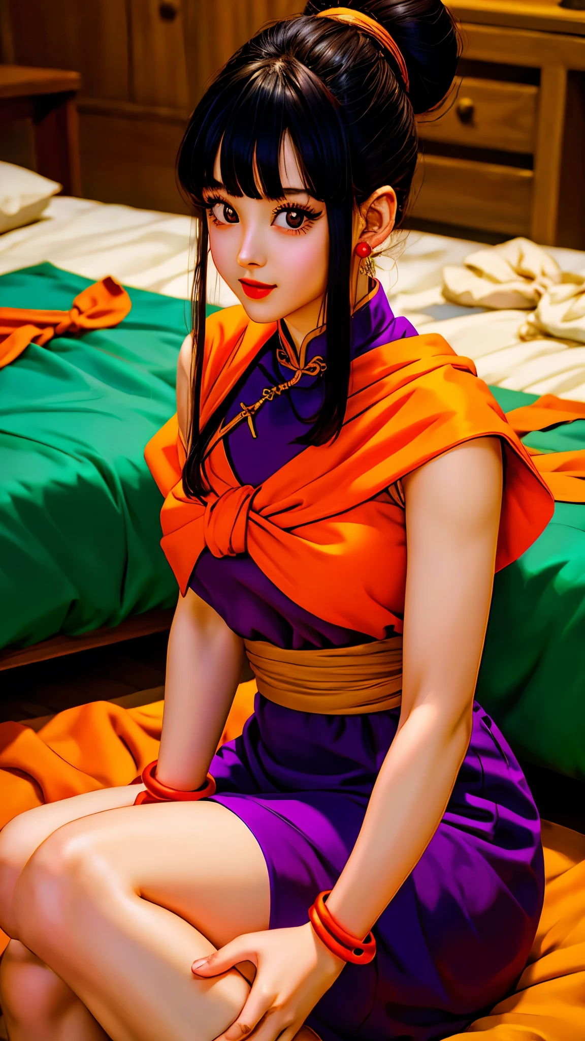 masterpiece, best quality, highest quality, perfect anatomy, perfect face, perfect eyes,
1girl, dbzch1ch1, sidelocks, bangs, single hair bun, hair bun, (black eyes), orange pashmina wrap, red sphere earrings , red wristbands, purple cheongsam, sexy  pose, sexy legs