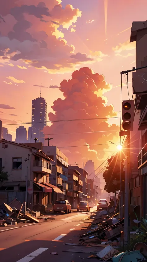 A road goes through a destroyed warzone area in evening time, sunlight, reddish brown sky and clouds 