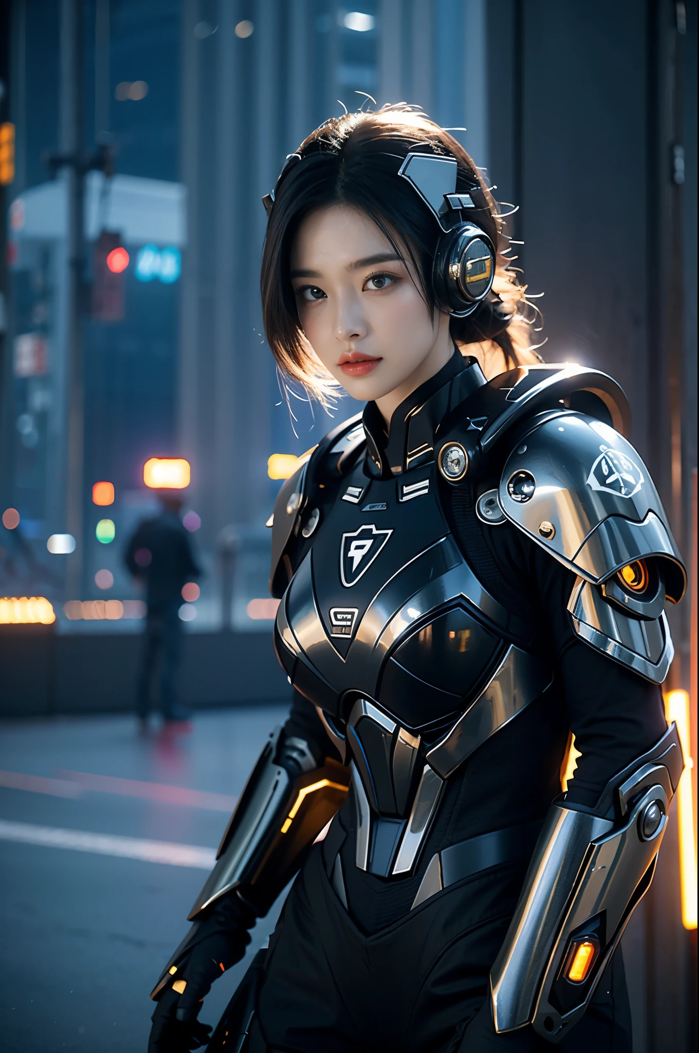 game art，best picture quality，Highest resolution，8k，((A half-length photo))，((portrait))，(rule of thirds)，Unreal Engine 5 rendering works， (Future girl)，(female warrior)， 22-year-old young hacker)，(ancient oriental hairstyle)，(Beautiful eyes full of details)，(big breasts)，(eye shadow)，Elegant and charming，indifferent，((frown))，(Combat suit full of futuristic technology，The costume combines futuristic power armor and，Clothing is decorated with glittering patterns and emblems)，cyberpunk characters，in the style of futuristic， photo poses，city background，lamp，Ray tracing，Game CG，((3D Unreal Engine))，OC rendering reflection pattern