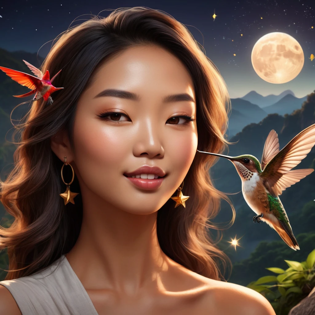 1 beautiful young Asian woman and hummingbirds kissing her on the cheek ((Upper body selfie, happy)), Masterpiece, Best quality, ultra detailed, Earth, open, (night), Mountains, Nature, (stars, moon) cheerful, happy, the forest, stones, River, Wood, smoke, shadows, contrast, clear sky, style, (warm tone, warm tone): 1.2), close-up, cinematic light, side lighting, ultra high resolution,  best shadow, RAW, Upper body, realistic style  