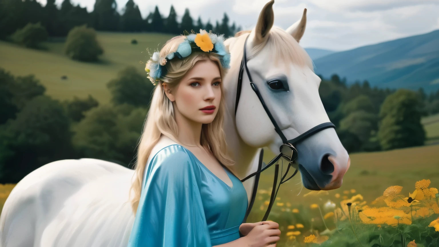 A woman with a flower crown on her head stands next to a white horse.., Wearing a cyan blue dress. BoJack Ryder in real life, Beautiful nature in the background, based on Arthur Hughes, In the style of Hans Thom,