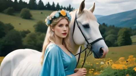 a woman with a flower crown on her head stands next to a white horse.., wearing a cyan blue dress. bojack ryder in real life, be...