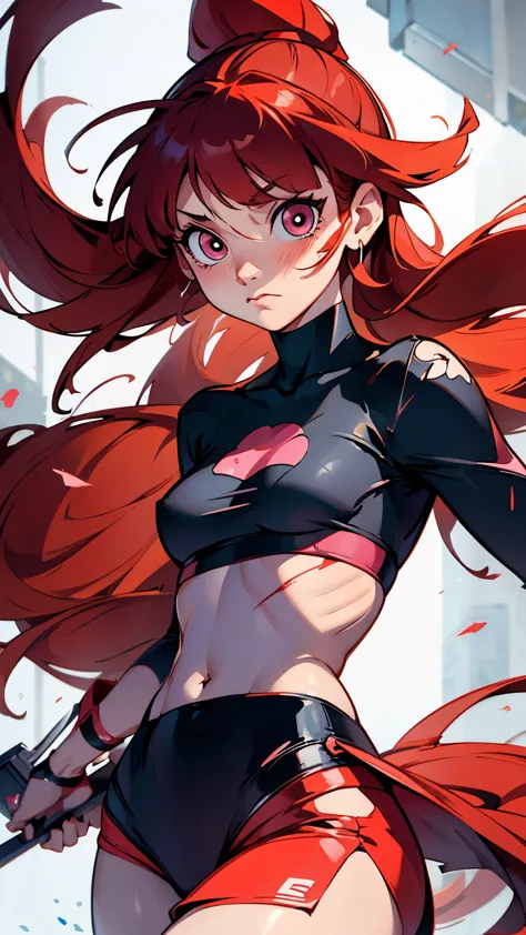 Blossom From Powerpuff Girls as a Violent Mature Themed Action Anime, Red Hair:1.2, Sexy Powerpuff Girls Anime, bloody battle damage and wear, ecchi Damaged and Ripped clothes, pink and black clothes, one breast revealed through nsfw rips in clothes