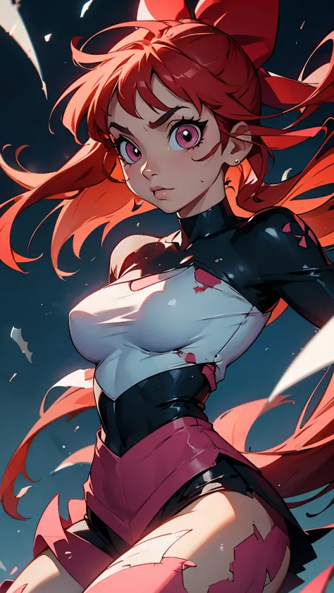 Blossom From Powerpuff Girls as a Violent Mature Themed Action Anime, Red Hair:1.2, Sexy Powerpuff Girls Anime, bloody battle damage and wear, ecchi Damaged and Ripped clothes, pink and black clothes, one breast revealed through nsfw rips in clothes