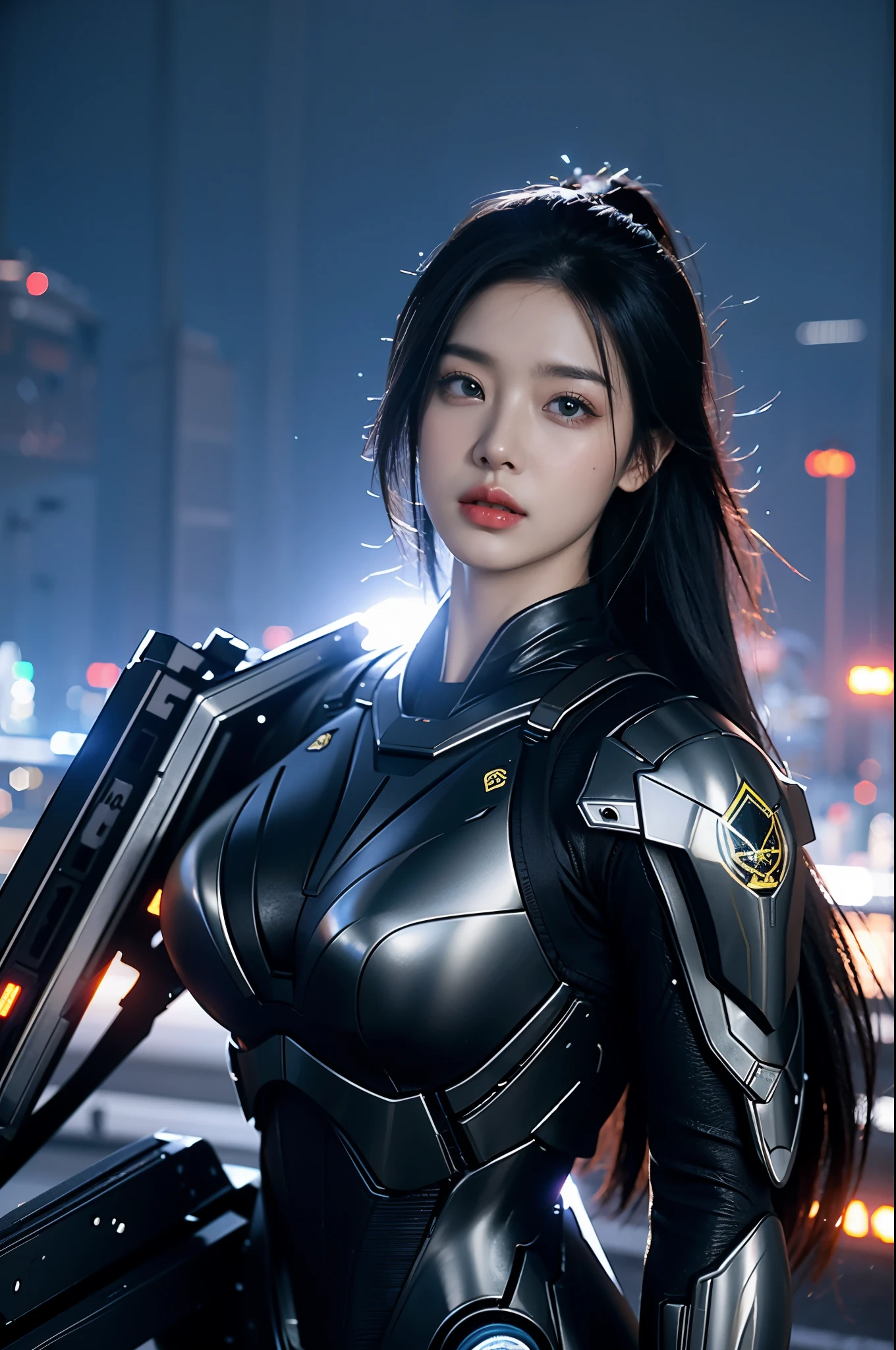 game art，best picture quality，Highest resolution，8k，((A half-length photo))，((portrait))，(rule of thirds)，Unreal Engine 5 rendering works， (Future girl)，(female warrior)， 22-year-old young hacker)，(ancient oriental hairstyle)，(Beautiful eyes full of details)，(big breasts)，(eye shadow)，Elegant and charming，indifferent，((frown))，(Combat suit full of futuristic technology，The costume combines futuristic power armor and，Clothing is decorated with glittering patterns and emblems)，cyberpunk characters，in the style of futuristic， photo poses，city background，lamp，Ray tracing，Game CG，((3D Unreal Engine))，OC rendering reflection pattern