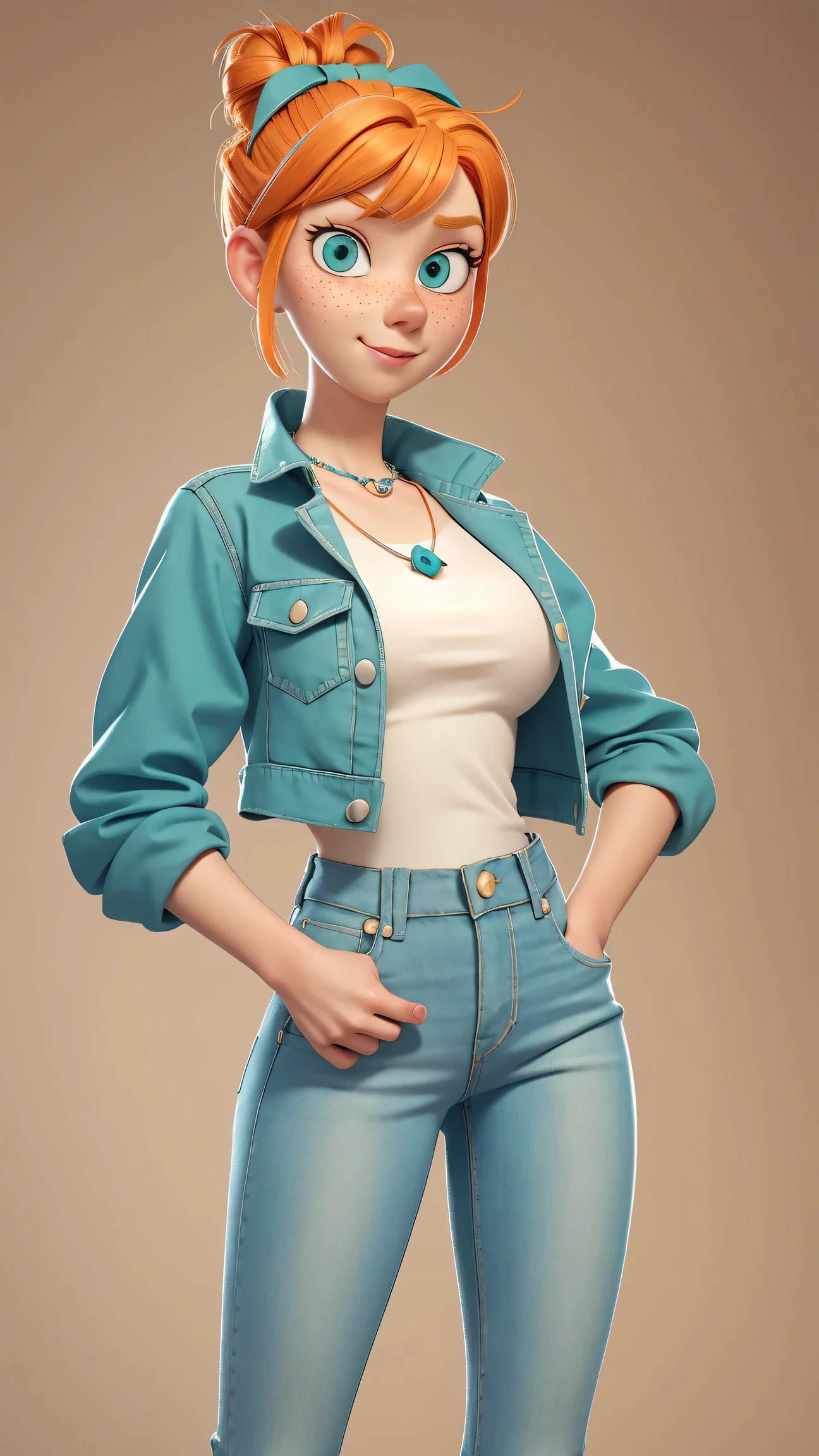 1girl, Orange hair in a bun, green eyes, slight smirk, freckles on cheeks, thin eyebrows, white necklace with a bow, teal jacket, pale skin, standing, cartoon, (pixar:1.2), Lucy Wilde, long nose, bangs, tight jeans,full body view, wide hips, huge breasts, tight top, camel toe, large breasts