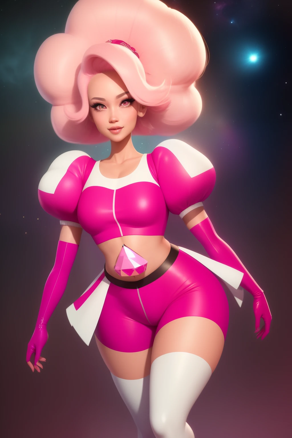 pnkdamond, pink hair, pink eyes,  big hair,  stomach gem,  pink skin,  toned, 
puffy short sleeves, elbow gloves ,  white thighhighs,   puffy dress, 
standing, upper body, 
 outerspace,  
(insanely detailed, beautiful detailed face,beautiful detailed eyes, masterpiece, best quality) cinematic lighting,  smile, 
 