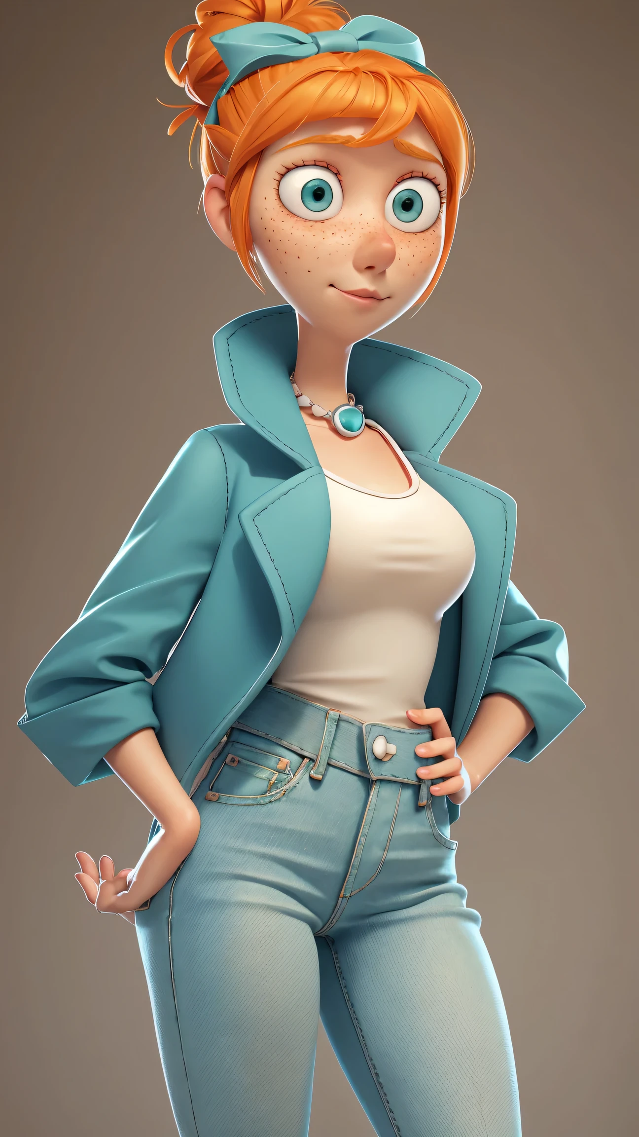 1girl, Orange hair in a bun, green eyes, slight smirk, freckles on cheeks, thin eyebrows, white necklace with a bow, teal jacket, pale skin, standing, cartoon, (pixar:1.2), Lucy Wilde, long nose, bangs, tight jeans,full body view, wide hips, huge breasts, tight top, camel toe