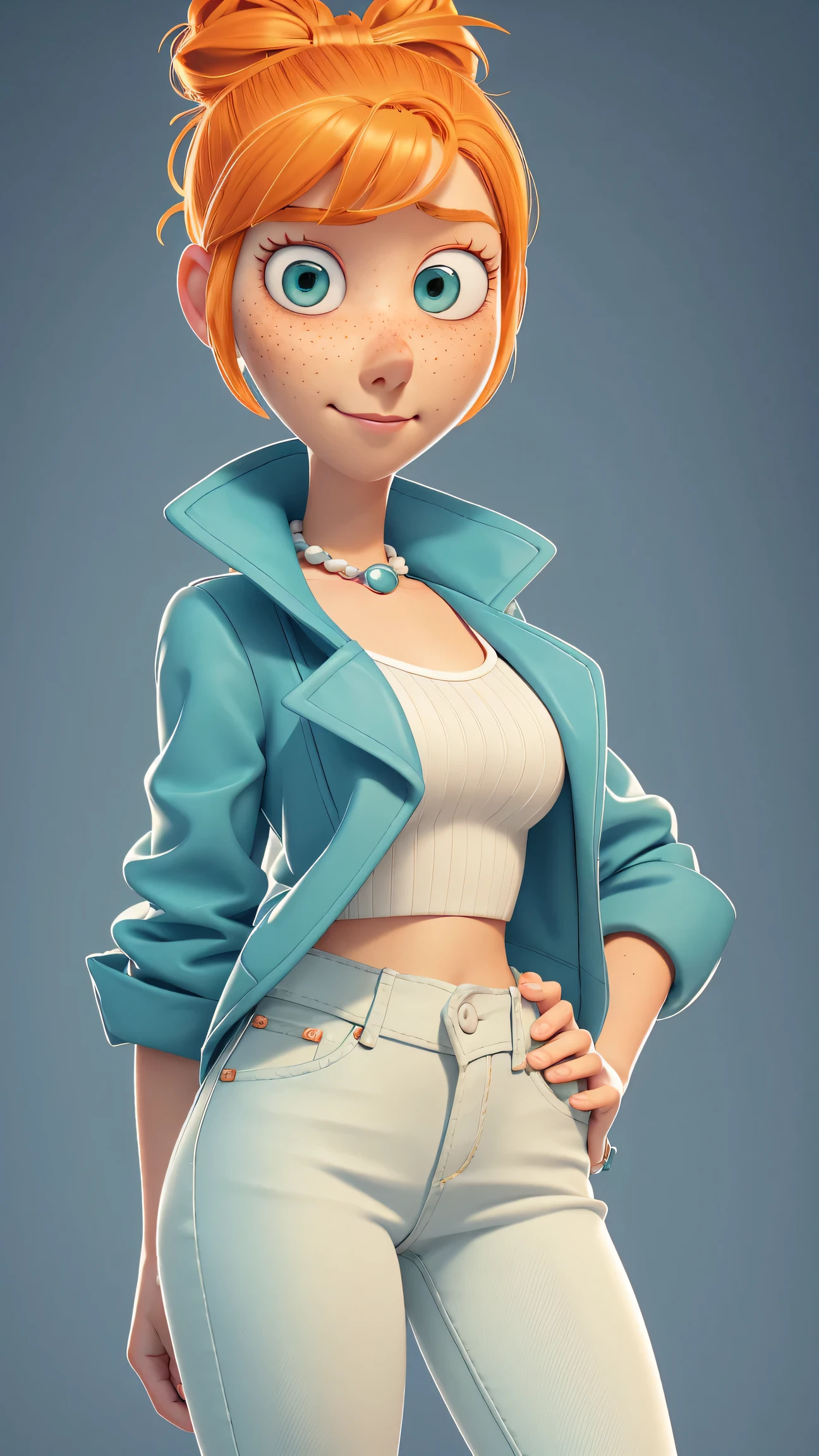 1girl, Orange hair in a bun, green eyes, slight smirk, freckles on cheeks, thin eyebrows, white necklace with a bow, teal jacket, pale skin, standing, cartoon, (pixar:1.2), Lucy Wilde, long nose, bangs, tight jeans,full body view, wide hips, huge breasts, tight top, camel toe