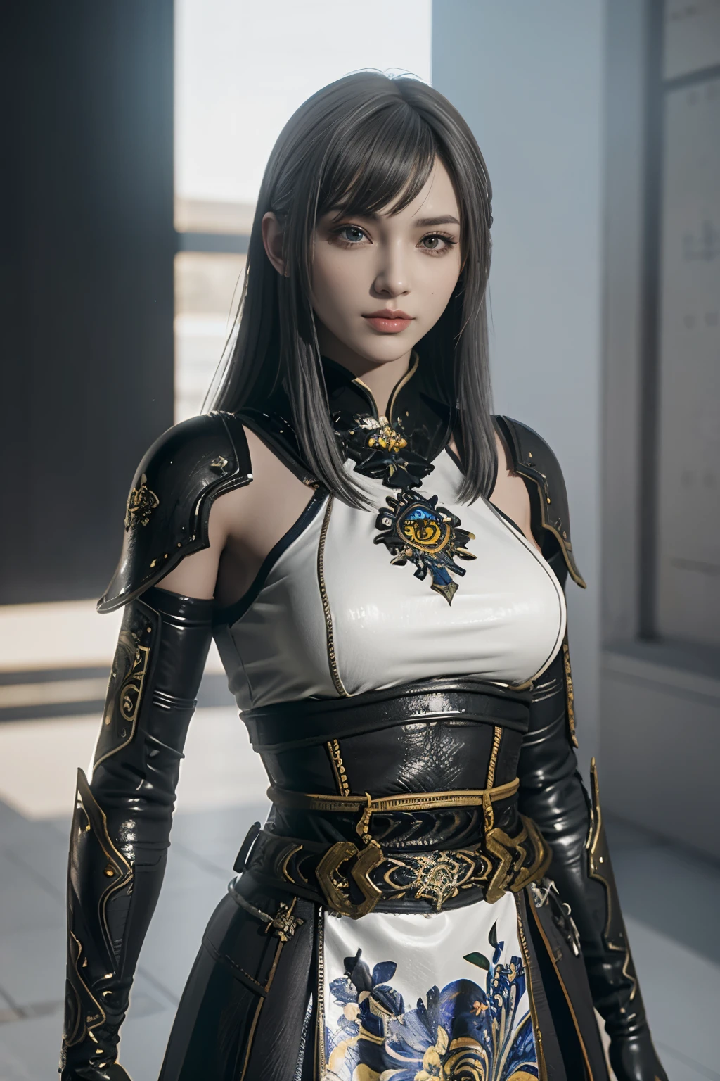 Masterpiece,Game art,The best picture quality,Highest resolution,8K,(Portrait),Unreal Engine 5 rendering works,(Digital Photography),((Portrait Feature:1.5)),
20 year old girl,Short hair details,With long bangs,(The red eye makeup is very meticulous),(With long gray hair:1.4),(Large, full breasts),Elegant and noble,Brave and charming,
(Future armor combined with the characteristics of ancient Chinese armor,Hollow design,Power Armor,The mysterious Eastern runes,A delicate dress pattern,A flash of magic),Warrior of the future,Cyberpunk figures,Background of war,
Movie lights，Ray tracing，Game CG，((3D Unreal Engine))，OC rendering reflection pattern