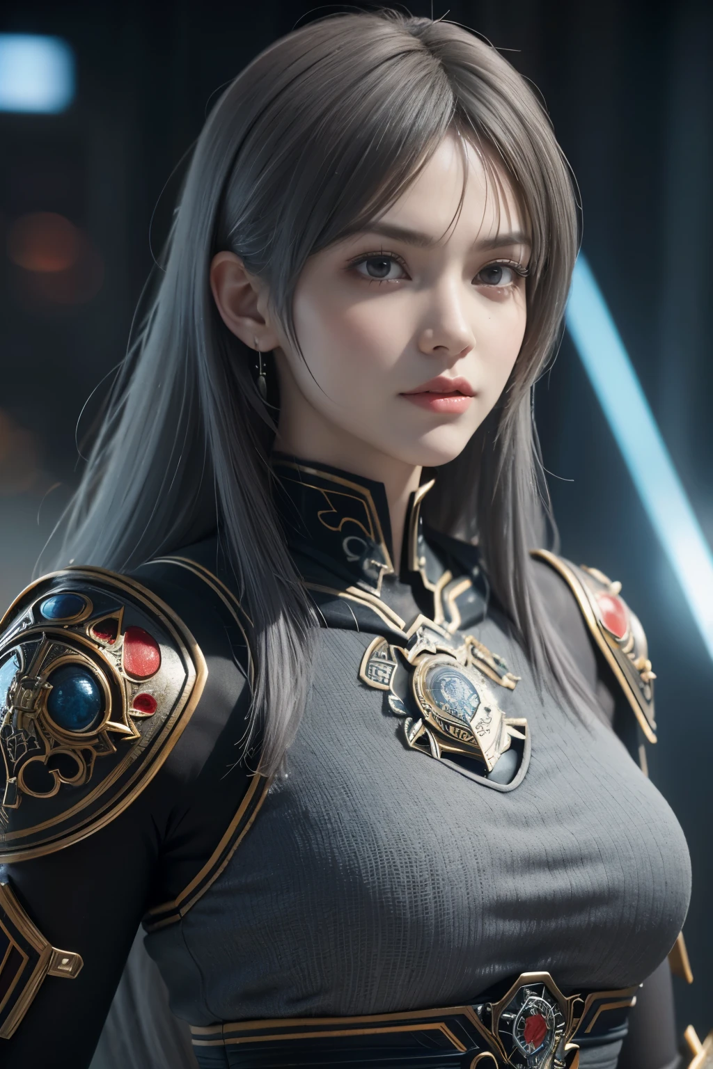 Masterpiece,Game art,The best picture quality,Highest resolution,8K,(Portrait),Unreal Engine 5 rendering works,(Digital Photography),((Portrait Feature:1.5)),
20 year old girl,Short hair details,With long bangs,(The red eye makeup is very meticulous),(With long gray hair:1.4),(Large, full breasts),Elegant and noble,Brave and charming,
(Future armor combined with the characteristics of ancient Chinese armor,Hollow design,Power Armor,The mysterious Eastern runes,A delicate dress pattern,A flash of magic),Warrior of the future,Cyberpunk figures,Background of war,
Movie lights，Ray tracing，Game CG，((3D Unreal Engine))，OC rendering reflection pattern