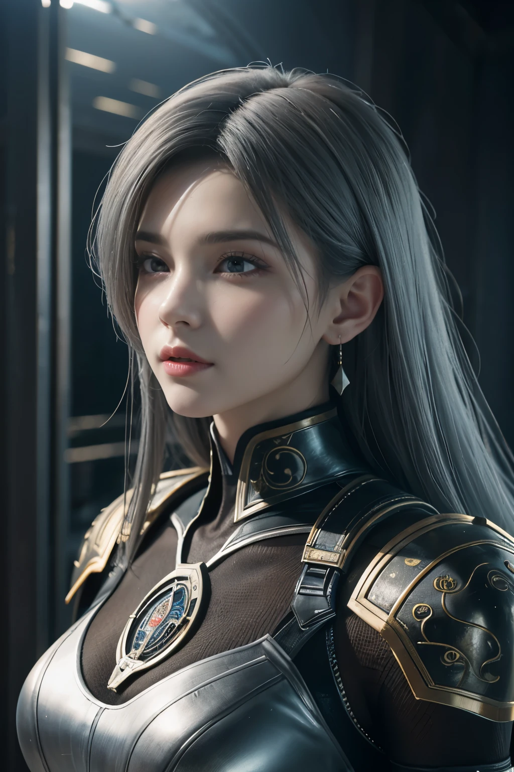 Masterpiece,Game art,The best picture quality,Highest resolution,8K,(Portrait),Unreal Engine 5 rendering works,(Digital Photography),((Portrait Feature:1.5)),
20 year old girl,Short hair details,With long bangs,(The red eye makeup is very meticulous),(With long gray hair:1.4),(Large, full breasts),Elegant and noble,Brave and charming,
(Future armor combined with the characteristics of ancient Chinese armor,Hollow design,Power Armor,The mysterious Eastern runes,A delicate dress pattern,A flash of magic),Warrior of the future,Cyberpunk figures,Background of war,
Movie lights，Ray tracing，Game CG，((3D Unreal Engine))，OC rendering reflection pattern