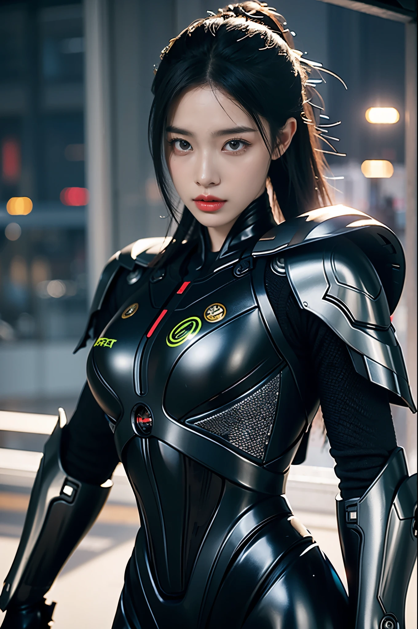 game art，best picture quality，Highest resolution，8k，((A half-length photo))，((portrait))，(rule of thirds)，Unreal Engine 5 rendering works， (Future girl)，(female warrior)， 22-year-old young hacker)，(ancient oriental hairstyle)，(Beautiful eyes full of details)，(big breasts)，(eye shadow)，Elegant and charming，indifferent，((frown))，(Combat suit full of futuristic technology，The costume combines futuristic power armor and，Clothing is decorated with glittering patterns and emblems)，cyberpunk characters，in the style of futuristic， photo poses，city background，lamp，Ray tracing，Game CG，((3D Unreal Engine))，OC rendering reflection pattern