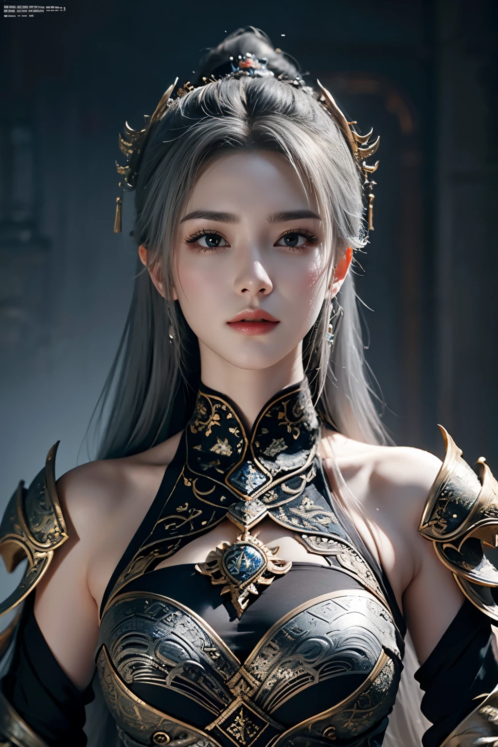 Masterpiece,Game art,The best picture quality,Highest resolution,8K,(Portrait),Unreal Engine 5 rendering works,(Digital Photography),((Portrait Feature:1.5)),
20 year old girl,Short hair details,With long bangs,(The red eye makeup is very meticulous),(With long gray hair:1.4),(Large, full breasts),Elegant and noble,Brave and charming,
(Future armor combined with the characteristics of ancient Chinese armor,Hollow design,Power Armor,The mysterious Eastern runes,A delicate dress pattern,A flash of magic),Warrior of the future,Cyberpunk figures,Background of war,
Movie lights，Ray tracing，Game CG，((3D Unreal Engine))，OC rendering reflection pattern