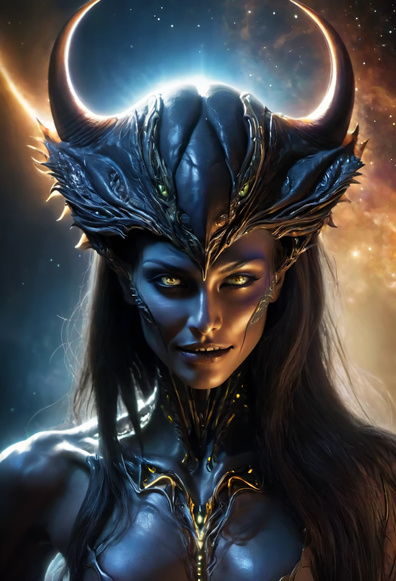 (High resolution,realistic,sharp focus),Humanoid alien creature with a vertically split face forming a mouth shape,beautiful predatory creature There is similar to a woman,Alien/monster hybrid,scary hunter,[cosmic,extraterrestrial] There is,organic matter,otherworldly predator,beyond life,length,flowing hair,earrings,shineing eyes,intense sight,[elegant,graceful],enchanting facial features,[sharp,pointed,elengthated] teeth,[toxic,toxic] tooth,intense,enchanting smile,Smooth yet muscular body,[curve,shape] There is similar to a woman,[graceful,Towering] before,Alien skin texture resembling iridescent scales,[ethereal,luminescent] shine,[Evil,Unlucky] aura,Slurping,bipedal walking,[tranquility,predatory] enchanting footsteps,hypnotic] dance,[spooky,Unforgettable] grace,contrasting colors,[darkness,Shadow] hug a living thing,dystopian background scenery,[cosmic,Milky Way] background,Unlucky celestial bodies,pulsating clouds,[extraterrestrial,surreal] vegetation,rays of ethereal light [filtering,caress] scene,dramatic chiaroscuro lighting,penetrating the darkness,Create an intimate yet frightening atmosphere.