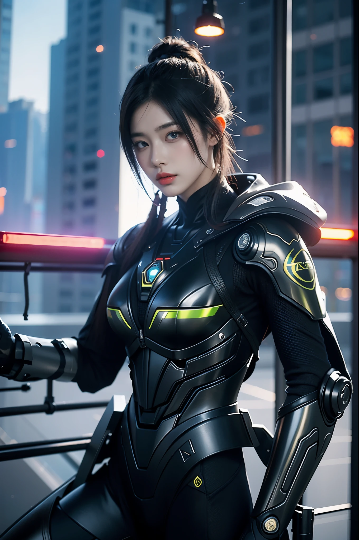 game art，best picture quality，Highest resolution，8k，((A half-length photo))，((portrait))，(rule of thirds)，Unreal Engine 5 rendering works， (Future girl)，(female warrior)， 22-year-old young hacker)，(ancient oriental hairstyle)，(Beautiful eyes full of details)，(big breasts)，(eye shadow)，Elegant and charming，indifferent，((frown))，(Combat suit full of futuristic technology，The costume combines futuristic power armor and，Clothing is decorated with glittering patterns and emblems)，cyberpunk characters，in the style of futuristic， photo poses，city background，lamp，Ray tracing，Game CG，((3D Unreal Engine))，OC rendering reflection pattern