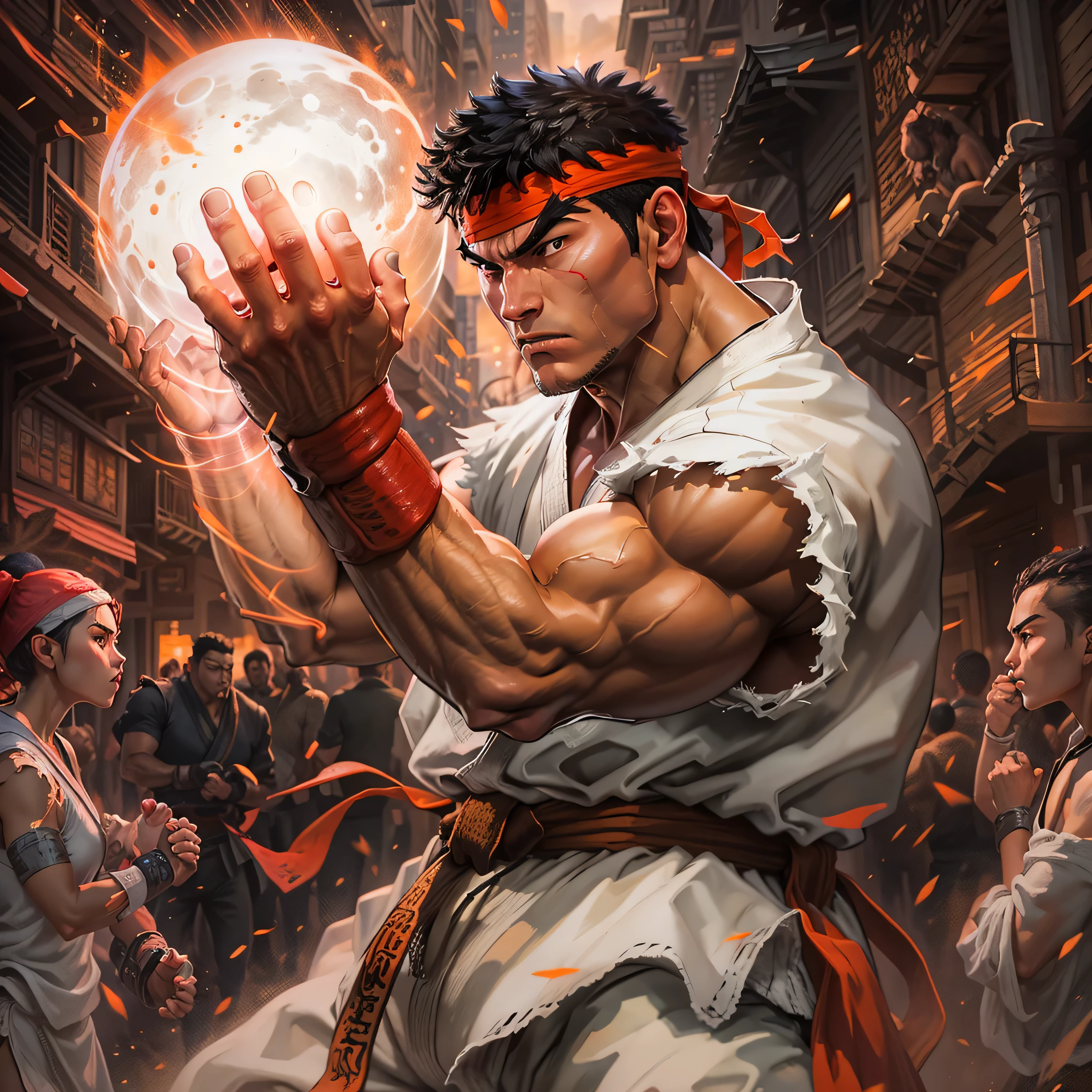 ภาพฟิล์มนัวร์ของ Ryu จาก Street Fighter 2: นักรบแห่งโลก, สวมชุดคาราเต้ Gi แขนกุดสีขาวอันเป็นเอกลักษณ์ของเขา และที่คาดผมสีแดง, แขนข้างหนึ่งยื่นไปข้างหน้าพร้อมกับลูกกลมพลังงานเรืองแสงวนอยู่ในฝ่ามือของเขา, เปล่งประกายเจิดจ้าตัดกับฉากหลังที่มีแสงสลัวๆ. แขนอีกข้างของเขาเกร็ง, ถอยกลับไปราวกับกำลังเตรียมการโจมตีด้วยศิลปะการต่อสู้ที่ทรงพลังที่สุด. ฝูงชนที่มาชม, การผสมผสานของผู้ยืนดูที่หวาดกลัวและศัตรูที่น่าหวาดกลัว, รวมตัวกันอยู่ในซอกซอยที่มีแสงสลัวๆ, การแสดงออกของพวกเขาช่างแตกต่างอย่างสิ้นเชิงกับจานสีอันเข้มข้นของปริศนาของริว