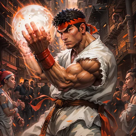 Film Noir Still of Ryu from Street Fighter 2: The World Warrior, clad in his iconic sleeveless white karate Gi and red headband,...