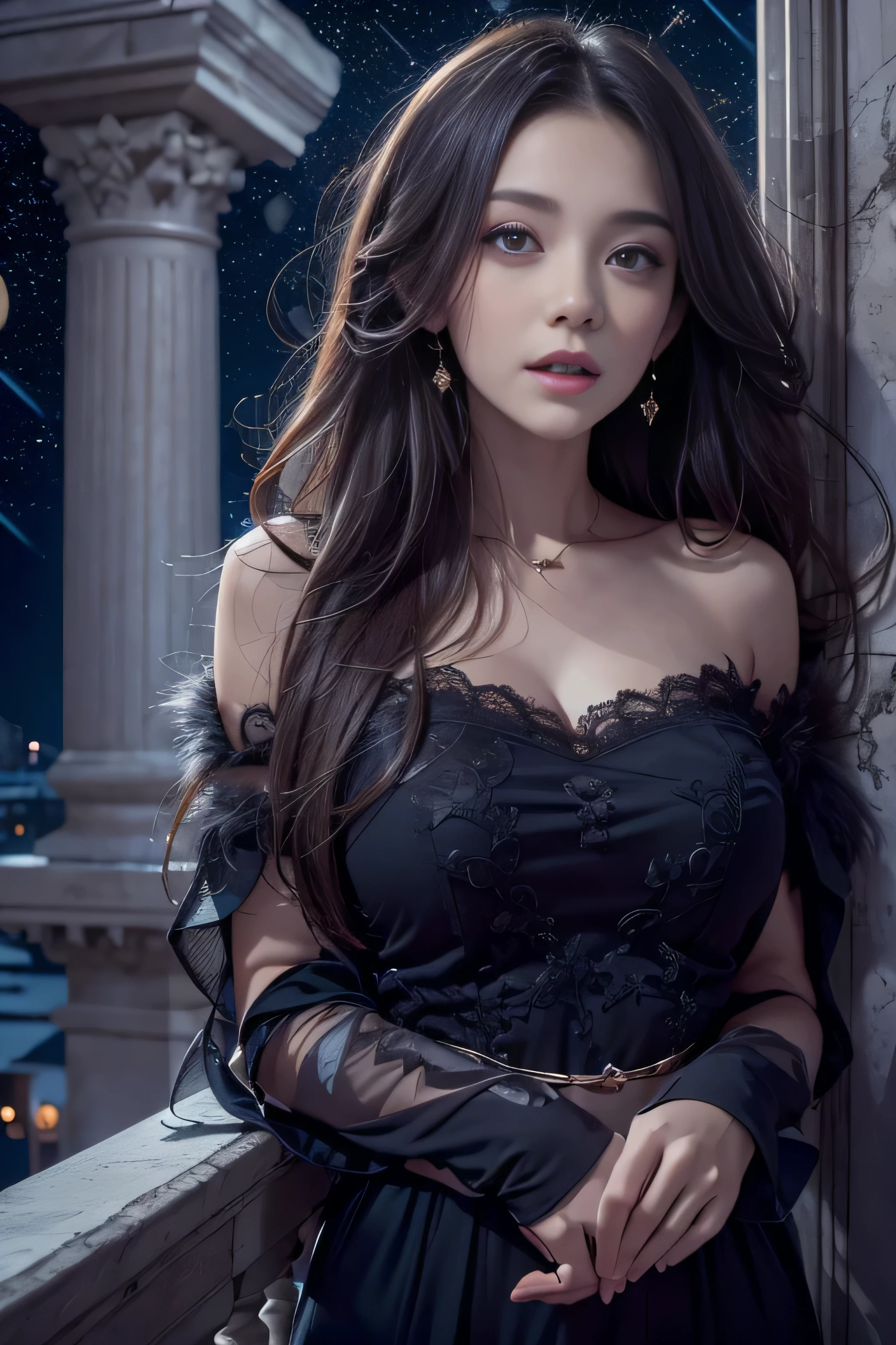 (Woman standing on balcony of palace)girl portrait photography, realistic, High resolution, 1 female, alone, Upper body, beautiful eyes, Close your lips, detailed face, gray hair, long hair, (off shoulder black lace long dress) ,(There is a slit up to the waist.),fur coat, stockings,(night sky full of stars)