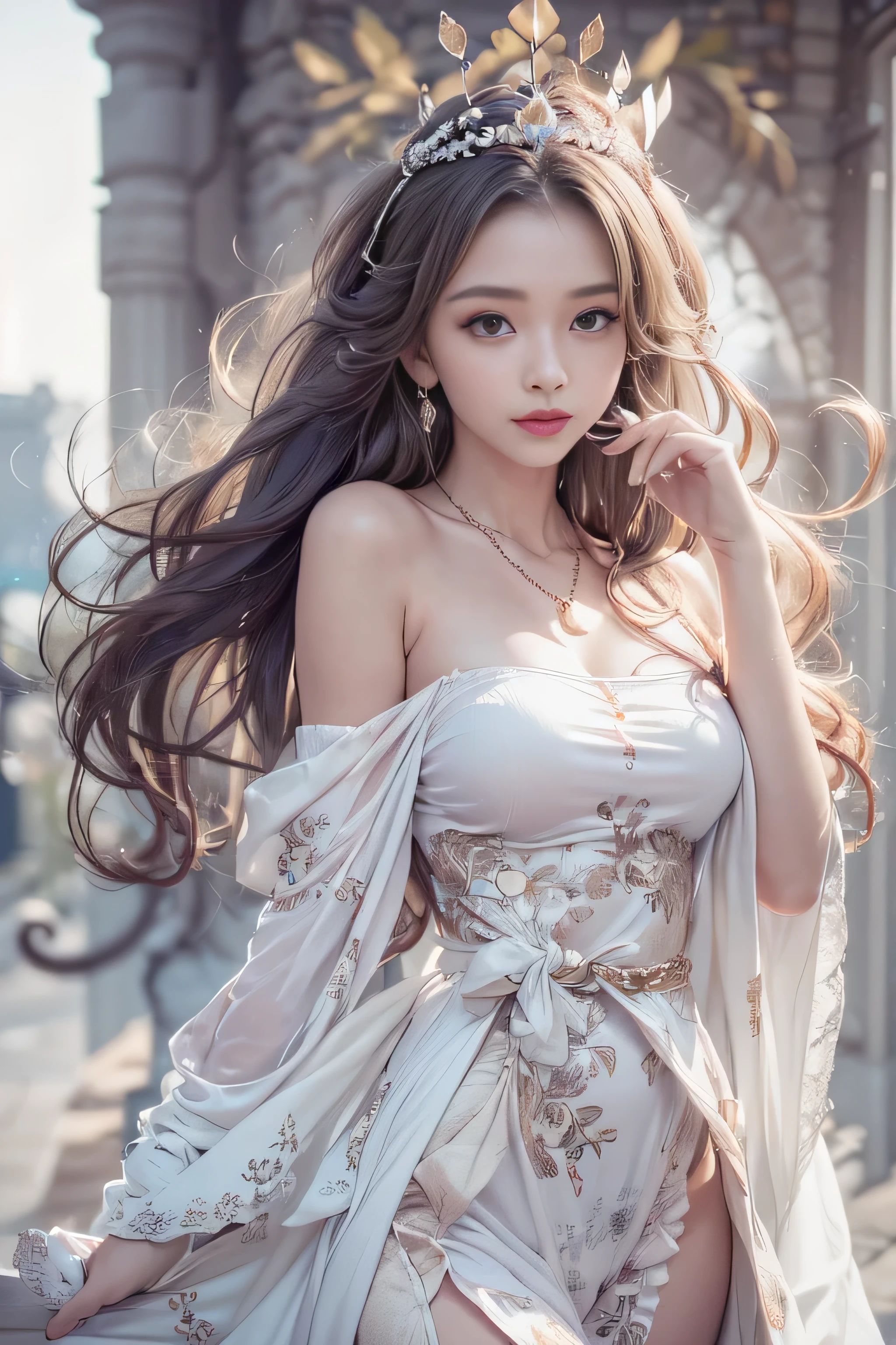 ((masterpiece:1.4)、(highest quality:1.4)、(realistic:1.7))Surreal portrait of a beautiful girl、super beautiful girl、((1 girl:1.4))、Radiant natural skin texture、(The Queen's ornate outfit)、(Off-the-shoulder white one-piece long type:1.4)、(upper arm:1.4、two legs:1.4)、(perfect anatomy:1.4)、(perfect female body:1.4)、girl portrait photography、close up photo、full body shot、fantasy art、soft front light、beautiful expression、cute face、beautiful breasts、big and full breasts:1.2、beautiful butt、detailed eye、obviously eye-catching, beautiful and attractive、beautiful eyes、tight waist、RAW photo、red rift、Arrange long hair in a cool style like a queen、(tiara crown:1.4、チョーカーnecklace:1.4、necklace:1.4、耳Nipple Ring:1.4)、1 screen display、((in front of the castle wall、woman standing in front of a bench)),((Sheer off-the-shoulder white dress))、