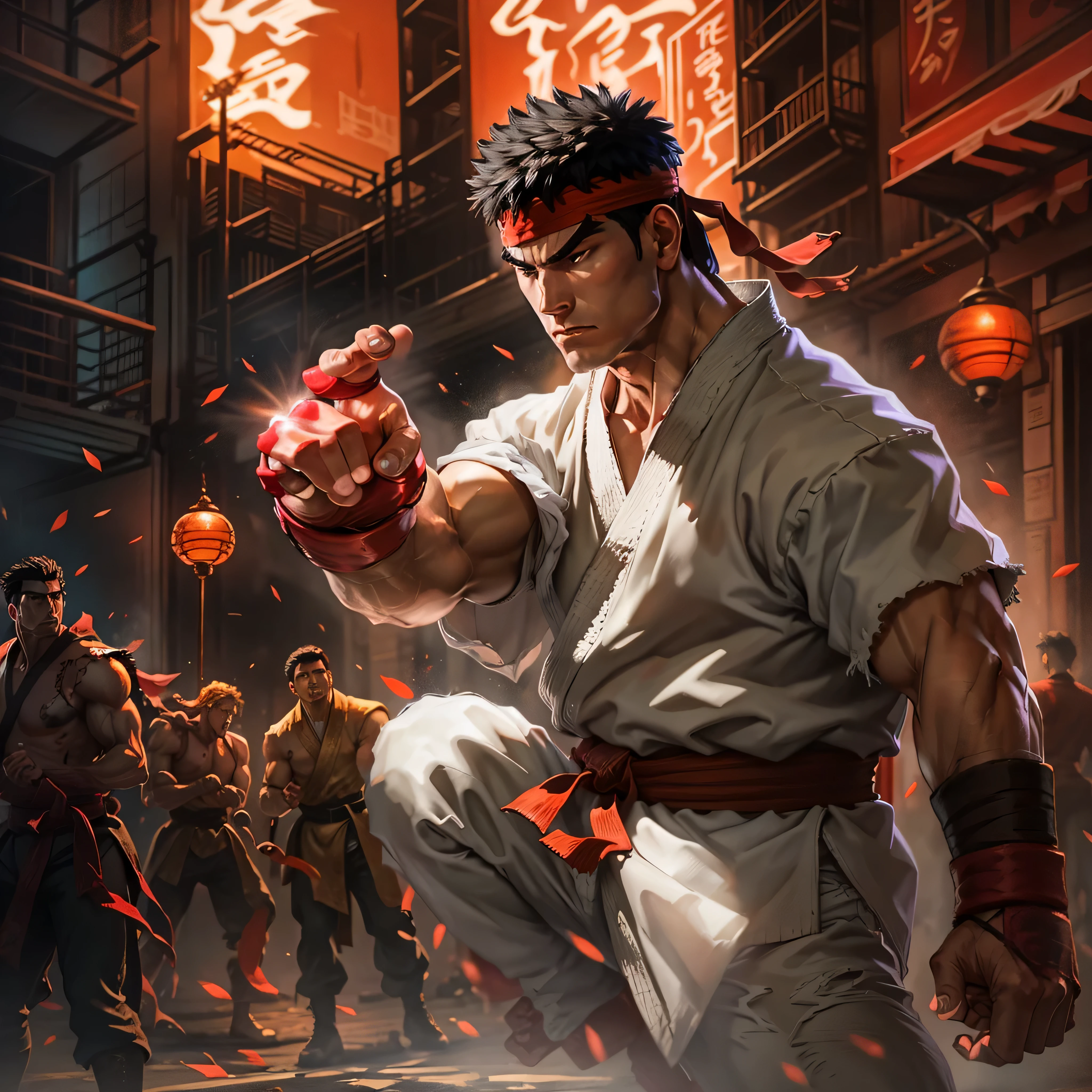 《街头霸王 2》中 Ryu 的黑色电影剧照: 世界战士, 身着标志性的无袖白色空手道服和红色头带, 一只手臂向前伸出，手掌中悬浮着一个发光的能量球, 在昏暗的背景下散发出强烈的光芒. 他的另一只手臂紧绷, 向后拉，仿佛准备进行最有力的武术攻击. 围观的人群, 敬畏的旁观者和心存恐惧的对手, 挤在昏暗的小巷深处, 他们的表情与 Ryu 的丰富色彩形成鲜明对比