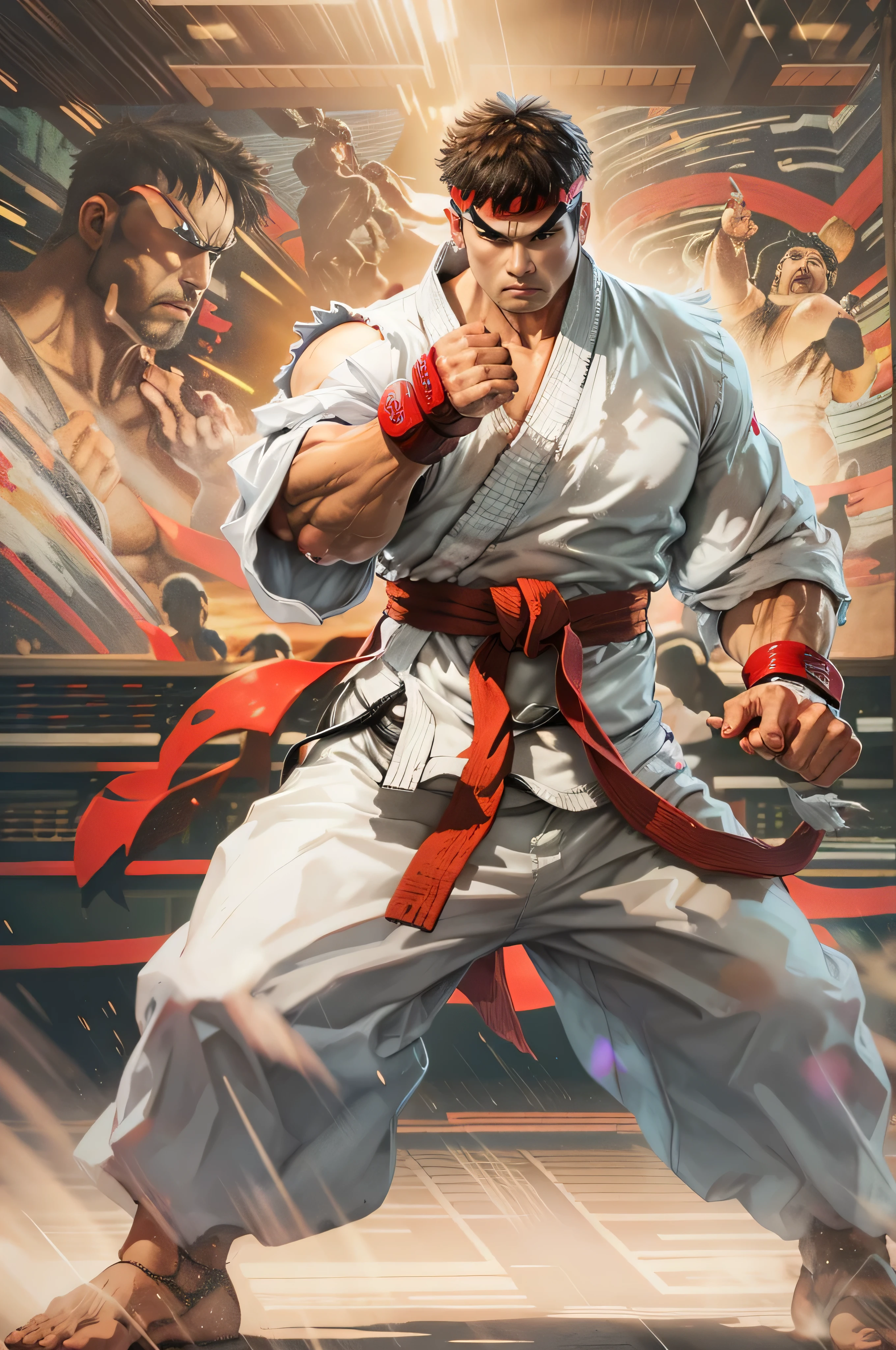 1 Mann Ryu Solo、Kampfspiel Kämpfer、Straßenkämpfer , trägt einen kompletten Karate-Kimono、Fitness-Körperform、Kampfbereite Pose、Kampf-Look, Nahaufnahme,  Karate-Pose, einen Hadoken-Spezialzug machen