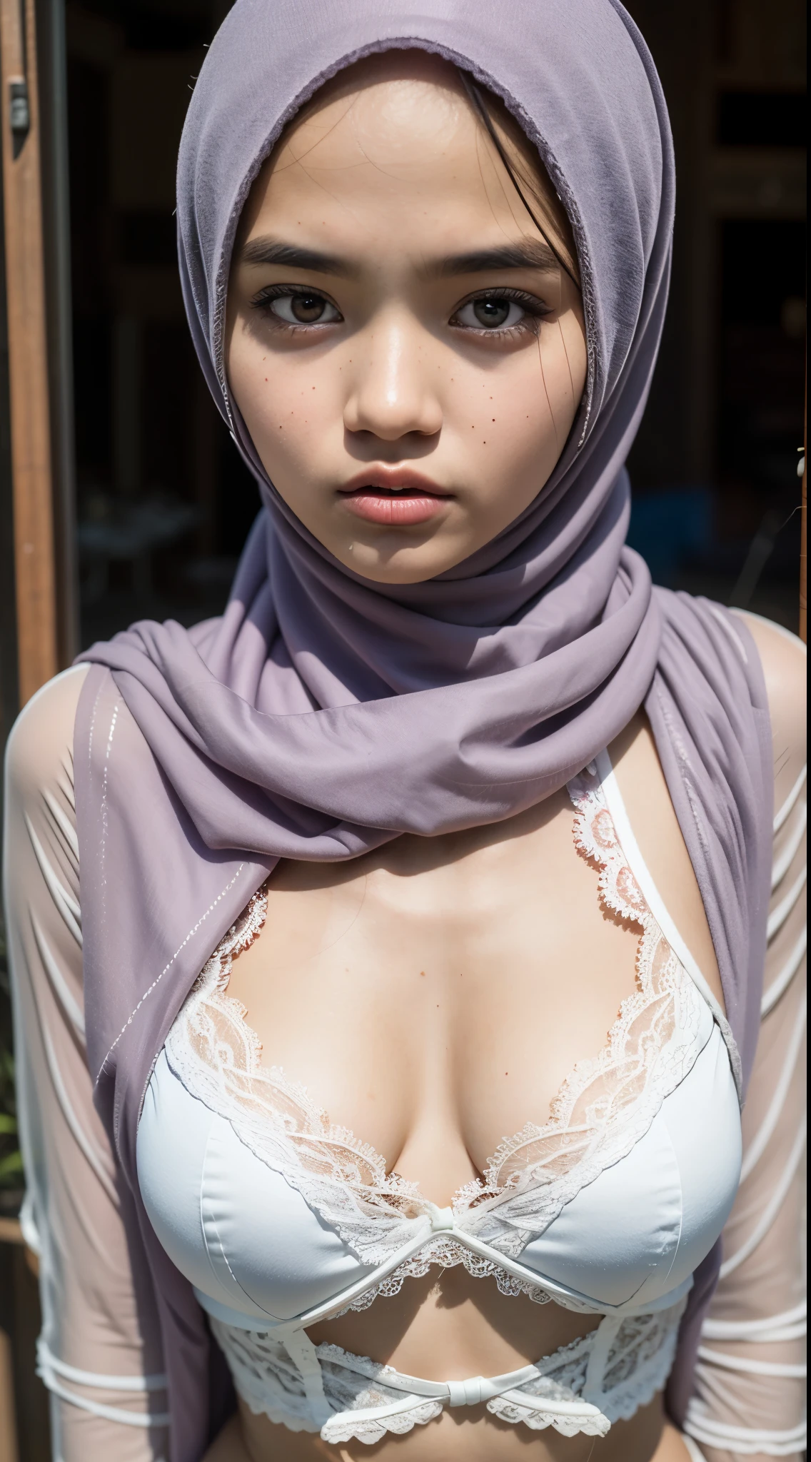 A close up of a woman wearing a purple scarf and a white bra - SeaArt AI