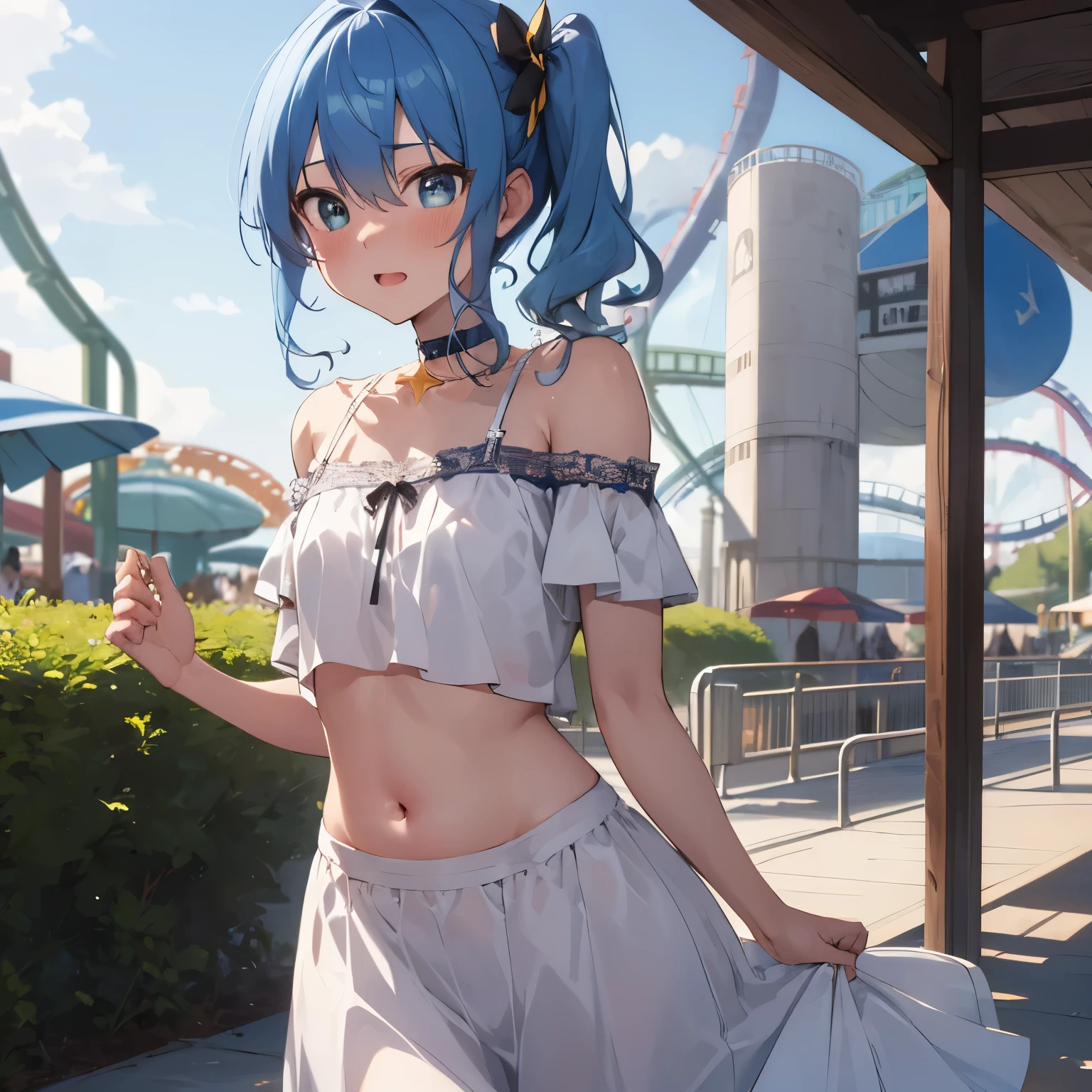 NSFW,hoshimachi suisei,blue eyes,blue hair,choker,hair between eyes,medium hair,side ponytail,スターchoker,small chest star piece:1.2), highest quality, High resolution,(fine and beautiful eyes:1.6),(perfect hands, perfect anatomy),(((masterpiece))),((highest quality)),troubled face,blush,Excited,whole body,cropped shirt,off shoulder,long skirt,fine lingerie,see through lingerie,thin waist,belly button,amusement park