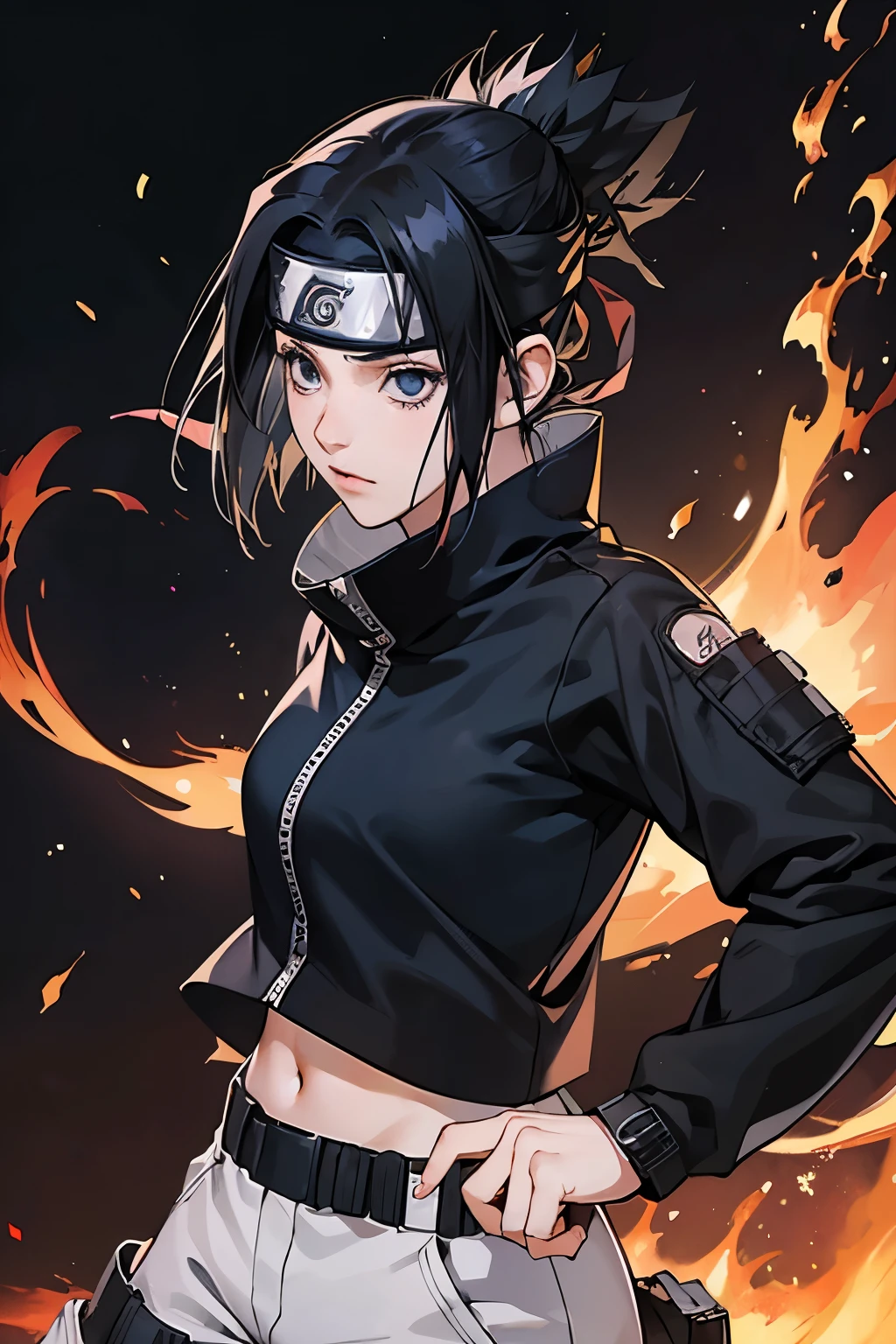 1 girl, (13 years), black hair, Black eyes, ninja, anime naruto, detailed face (Black eyeasterpiece, кадр из anime naruto