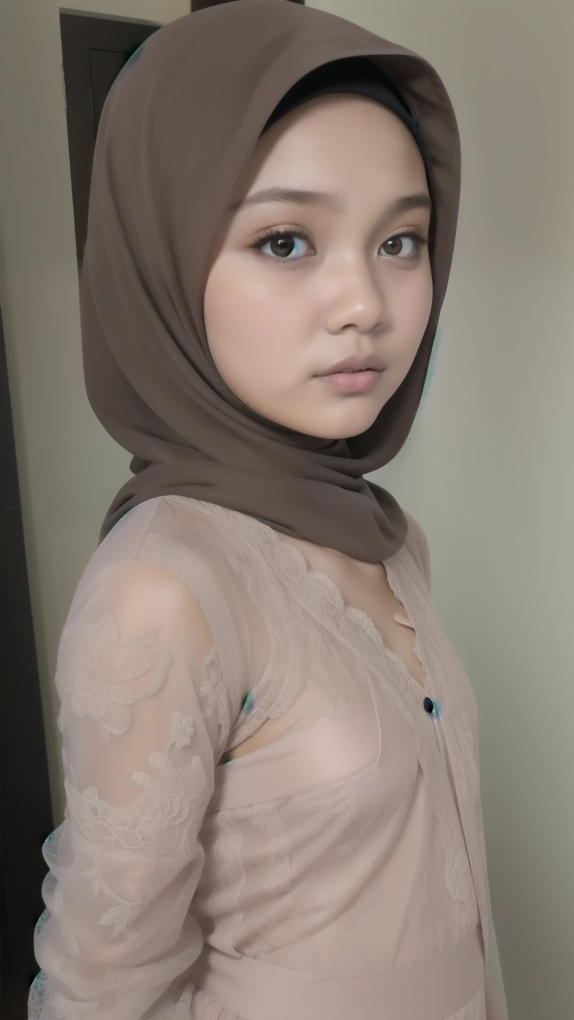 Naked, Angry pose, Angry face, (((HIJAB MALAY GIRL))), masutepiece, High quality, UHD 45K, Realistic face, Realistic skin feeling , A Japanese Lady, 8 years old, , Very cute and baby-like face, (((FLAT CHEST))), (MATRIX WORLD), ((look In front  at the camera and SADNESS)), ((())), (((CUTE GIRL))), ((TRANSPARENT)), ((DARK BROWN PASTEL LIPS)), ((DARK BROWN PASTEL LACE)), ((TRANSPARENT)), ((CHUBBY)), ((UNDRESS)).