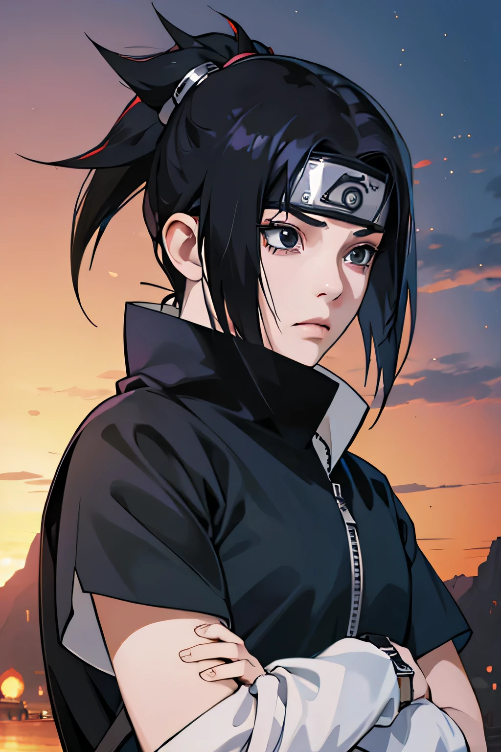 1 fille, (13 ans), cheveux noirs, yeux noirs, ninja, Anime Naruto, visage détaillé (œil au beurre noir, кадр из Anime Naruto
