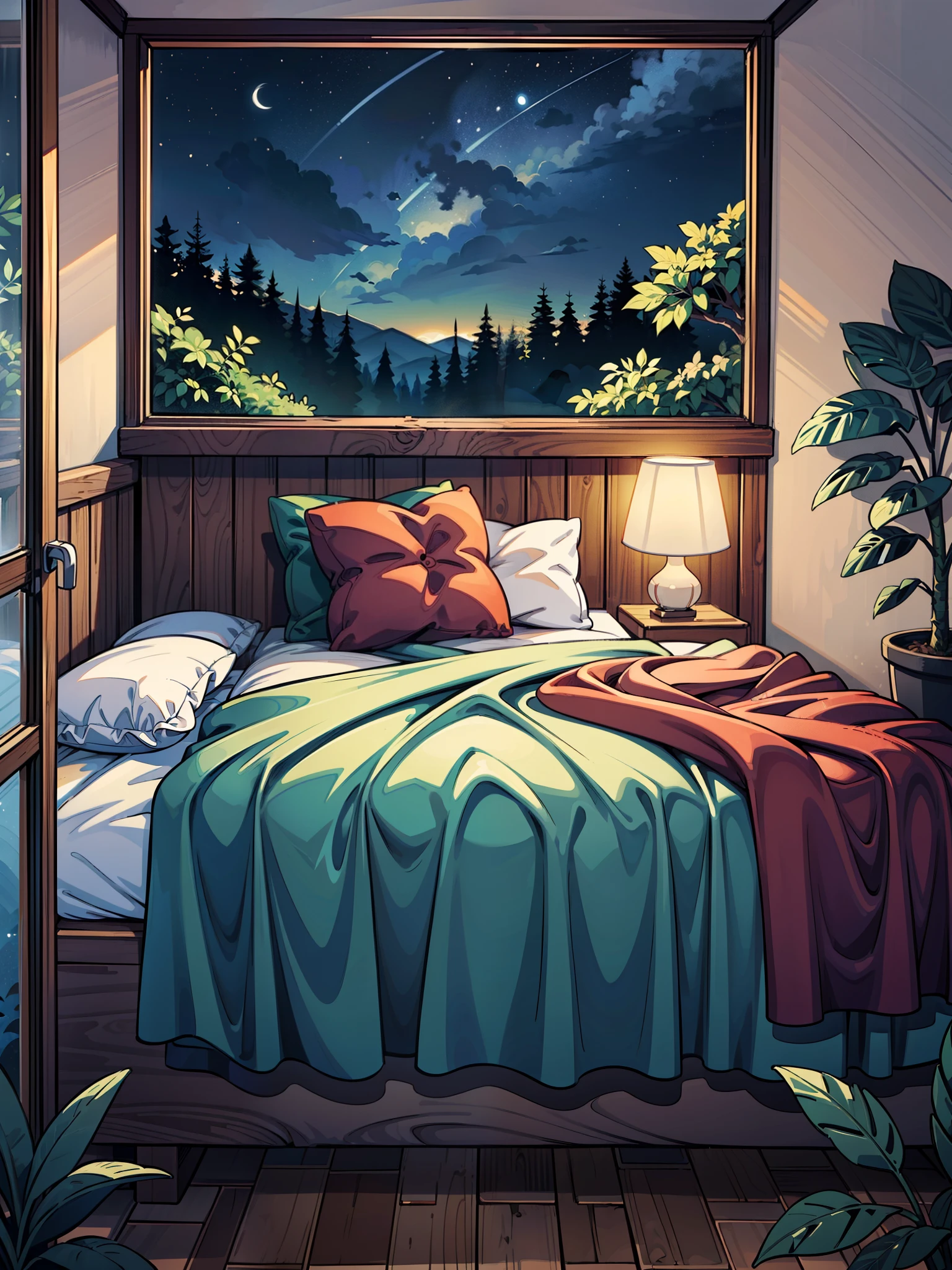 (obra maestra:1), (vista completa:1.5), (un dormitorio acogedor con una cama cómoda con edredón:1.6), (bosque visible desde la ventana:1.3), silencio, (plantas frondosas tropicales por todas partes:1.1), cielo magnífico, (Luz volumétrica tenue:1.4), pacífico, (cielo hermoso), (escena nocturna:1.4), (entorno ghibli), hermosos tonos, colores sutiles, pacífico, (ilustración: 1.0), composición épica, Iluminación realista, detalles en alta definición, obra maestra, mejor calidad, ,