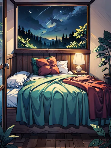 (masterpiece:1), (Full view:1.5), (a cozy bedroom with comfy bed with quilt:1.6), (forest visible from window:1.3), silence, (tr...
