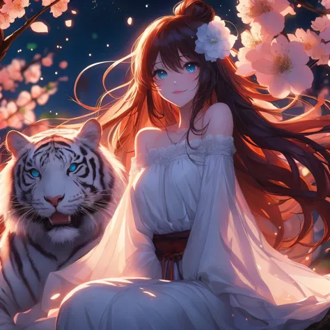 Long hair anime girl sitting on white tiger, anime style 4 k, 4kanime wallpaper, Anime Art Wallpaper 4k, anime art wallpaper 4k,...