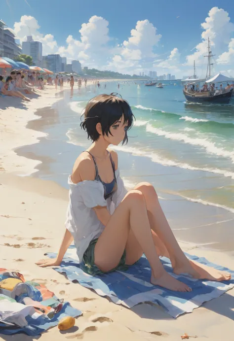 beach Summer festival, anime realism, by Makoto Shinkai and Makoto Niitsu style, best quality, masterpiece, 8k, Representative w...